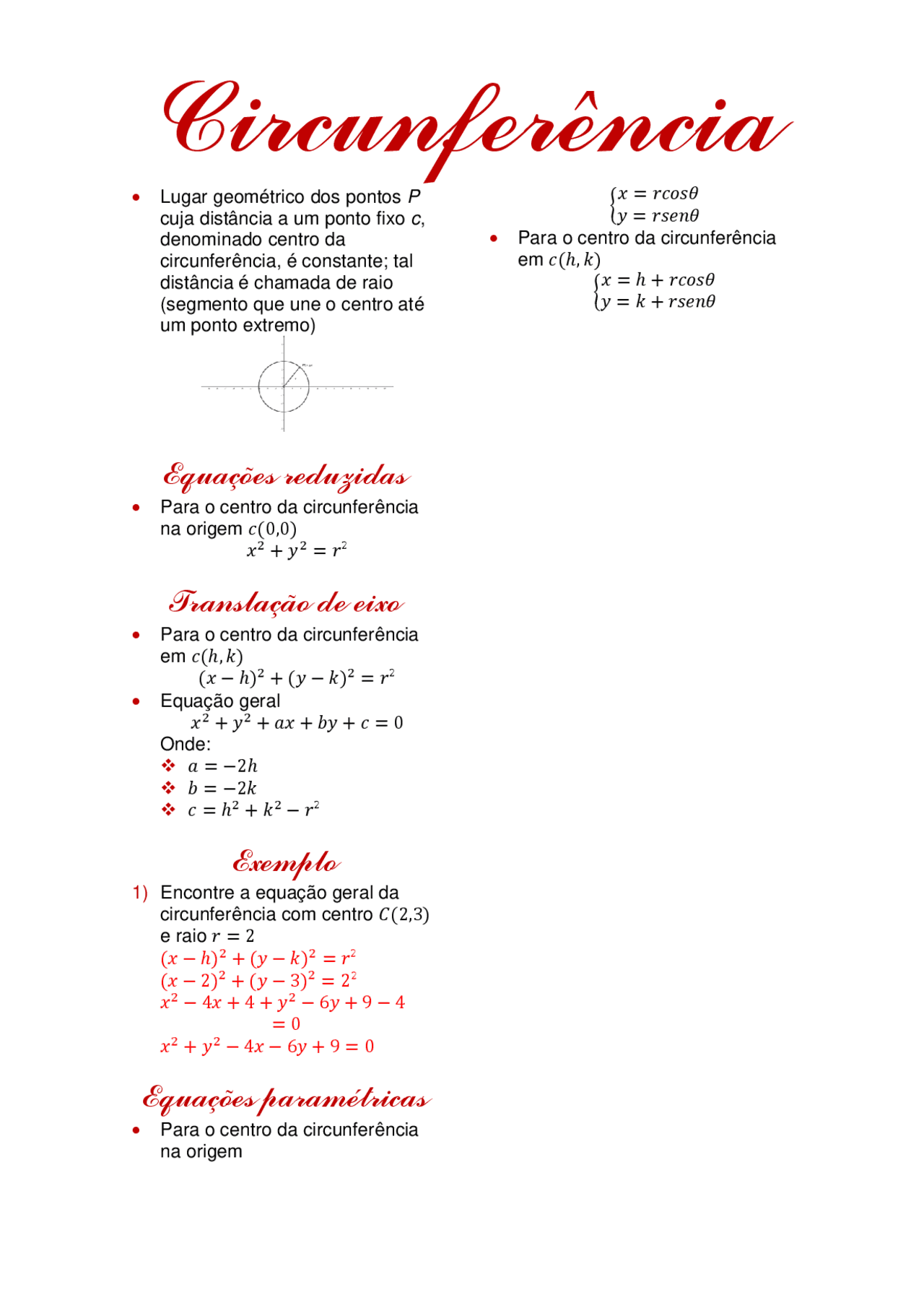 Resumo sobre Circunferência | Esquemas Geometria Analítica e Álgebra ...