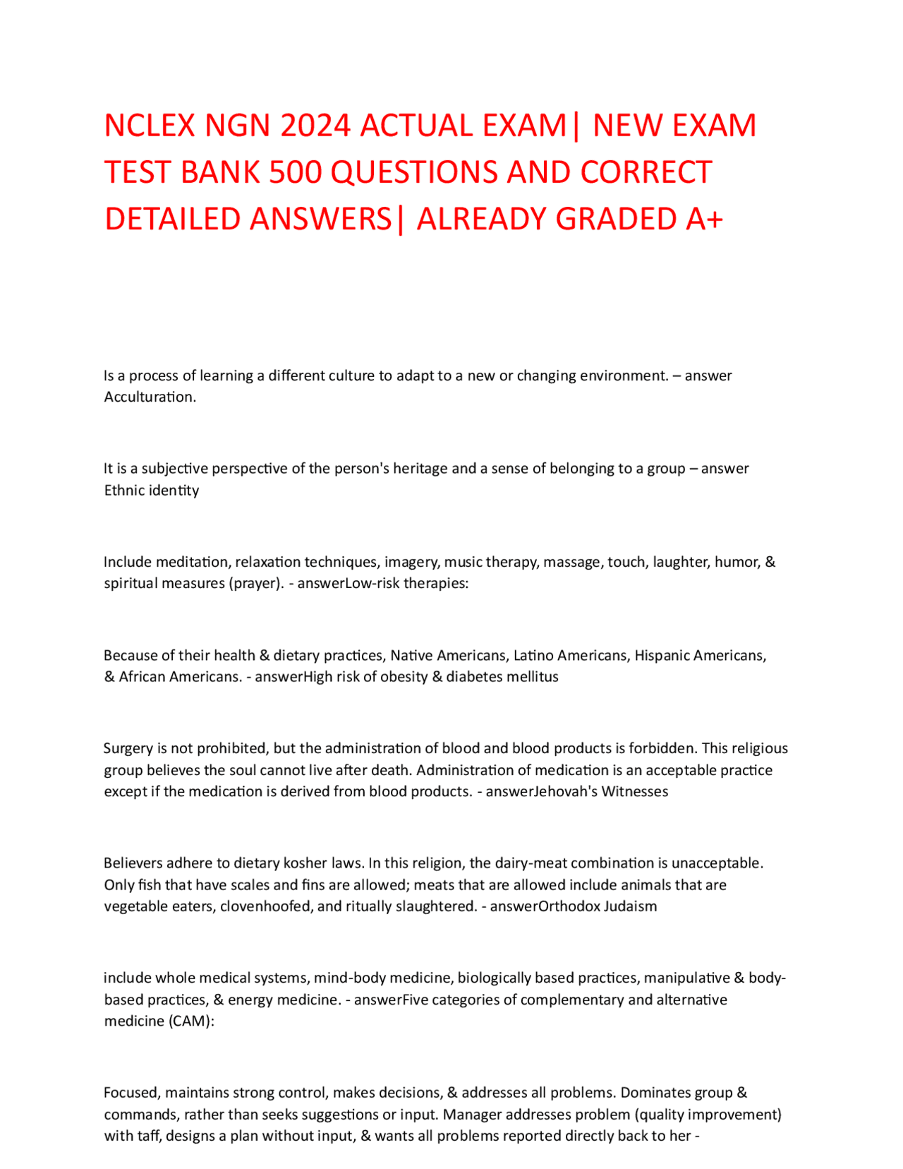 NCLEX NGN 2024 ACTUAL EXAM| NEW EXAM TEST BANK 500 QUESTIONS AND ...