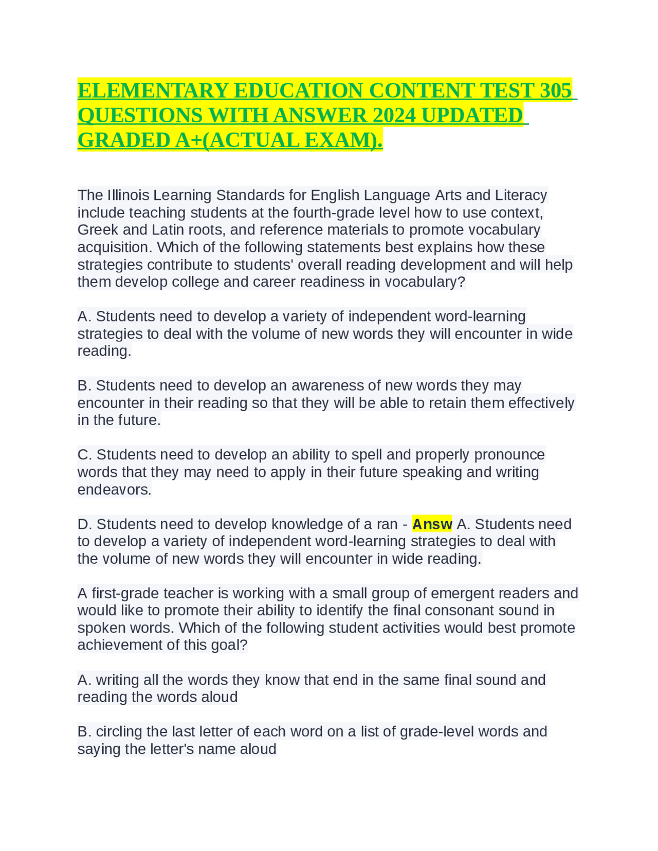 ELEMENTARY EDUCATION CONTENT TEST 305 QUESTIONS WITH ANSWER 2024 ...