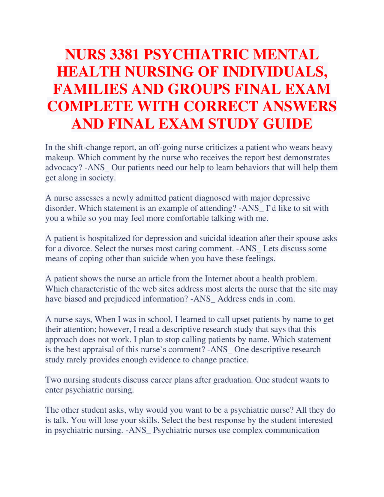 NURS 3381 PSYCHIATRIC MENTAL HEALTH NURSING OF INDIVIDUALS, FAMILIES ...