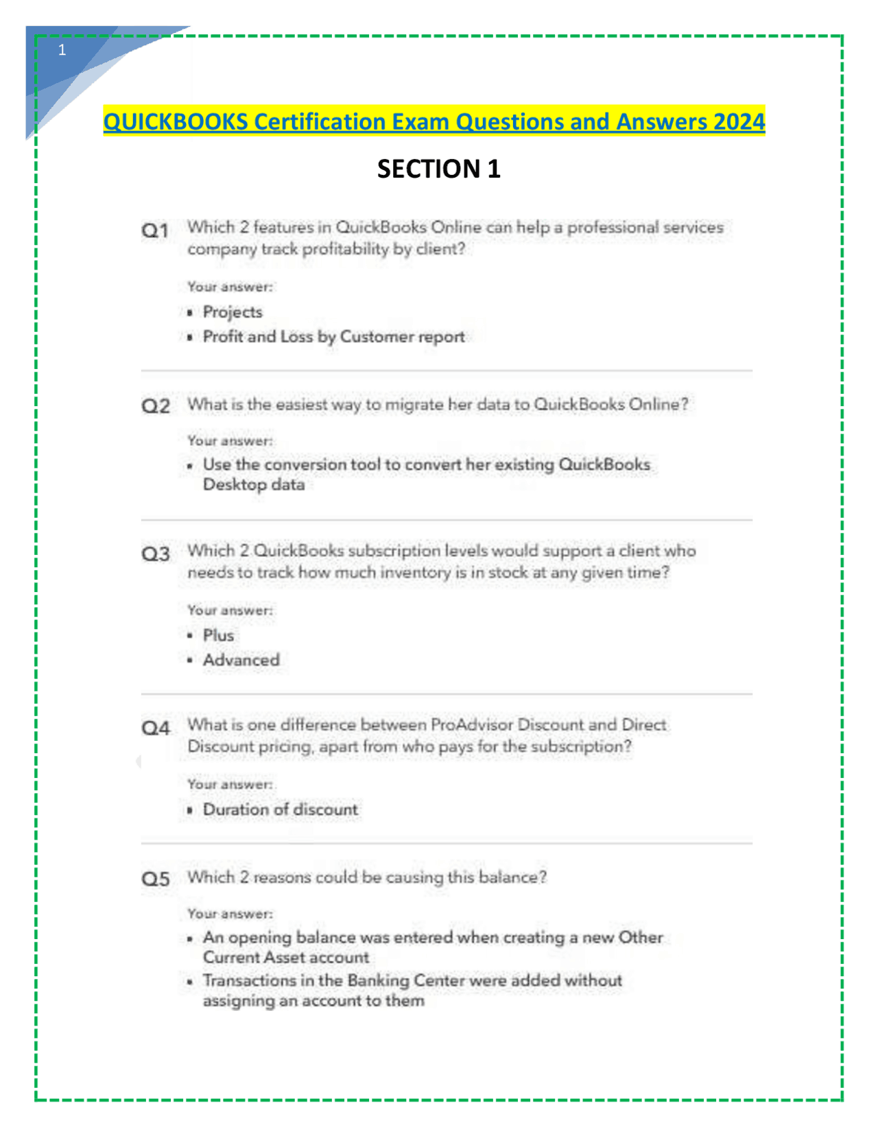 QUICKBOOKS Certification Exam Questions and Answers 2024 Exams
