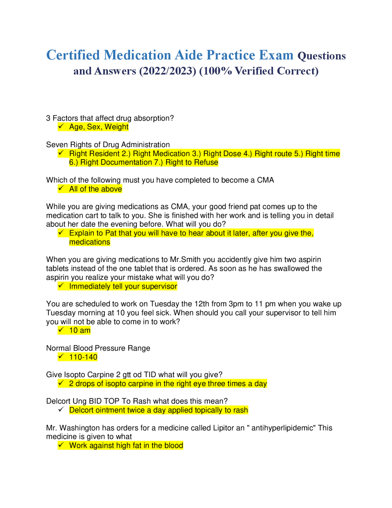 健康・医学 Answers to Everyday Questions Certified Medication Aide Practice Exam Questions and