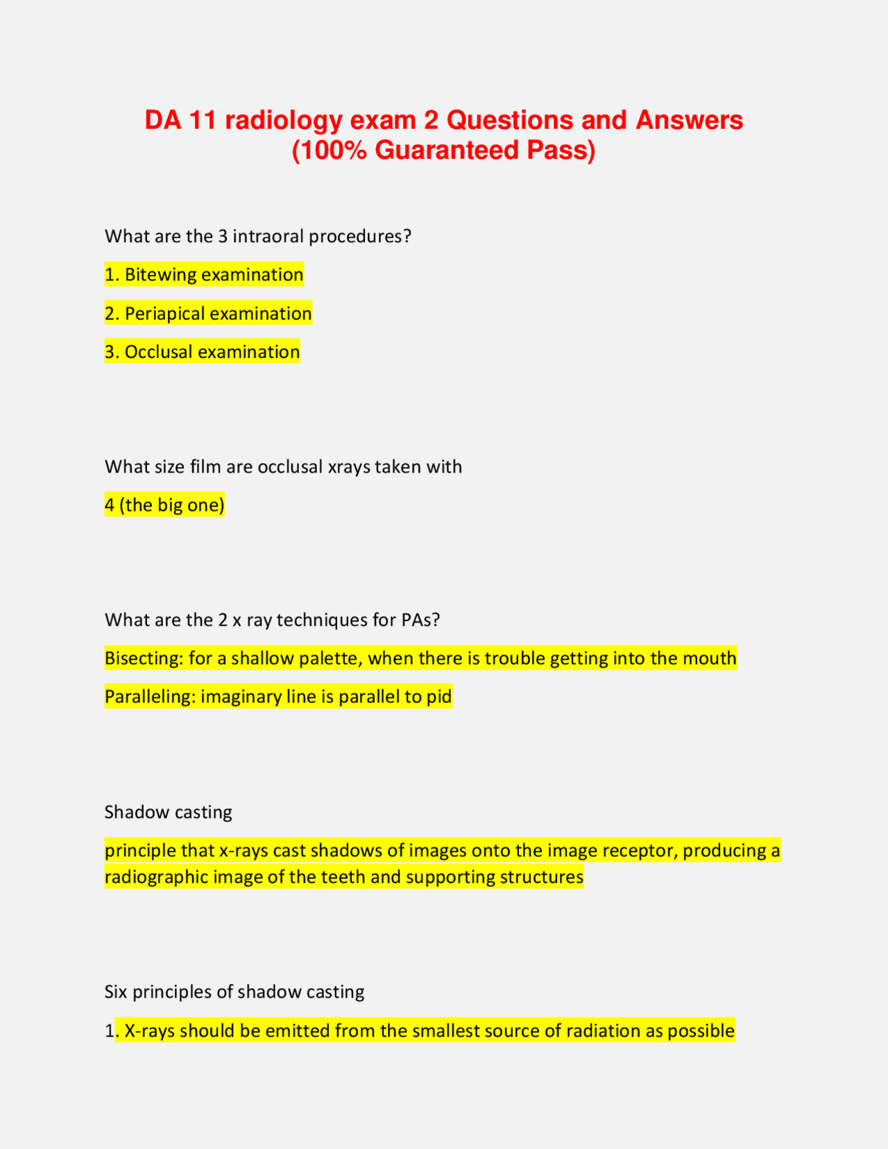 DA 11 radiology exam 2 Questions and Answers (100% Guaranteed Pass ...