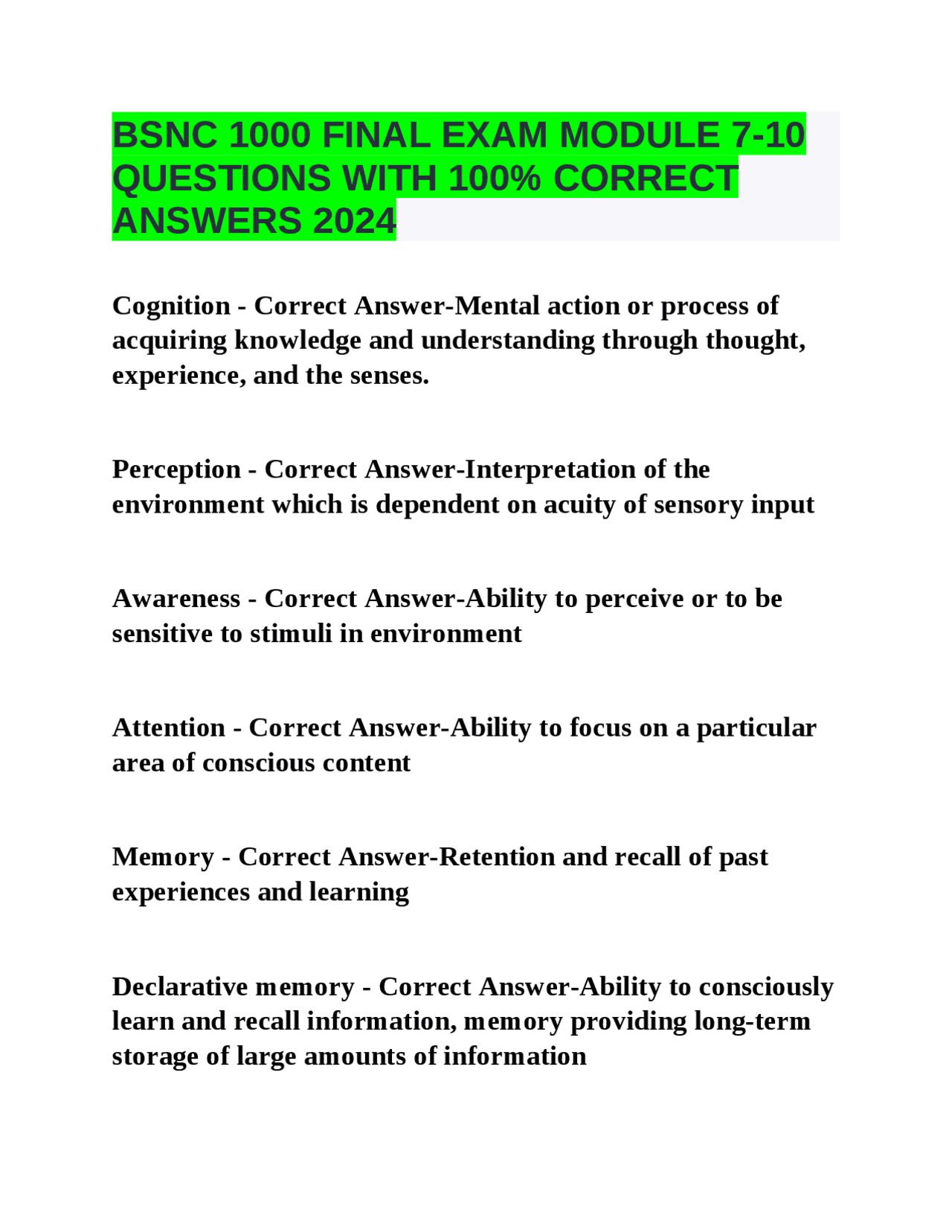 BSNC 1000 FINAL EXAM MODULE 7-10 QUESTIONS WITH 100% CORRECT ANSWERS ...