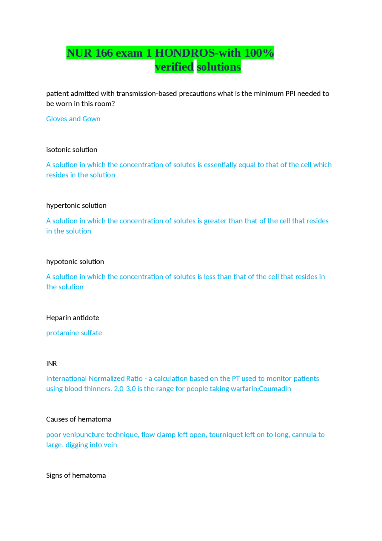 NUR 166 exam 1 HONDROS-with 100 verified solutions.docx | Exams Nursing ...