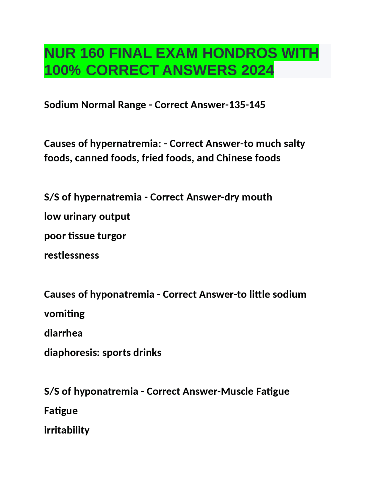 NUR 160 FINAL EXAM HONDROS WITH 100% CORRECT ANSWERS 2024 | Exams ...