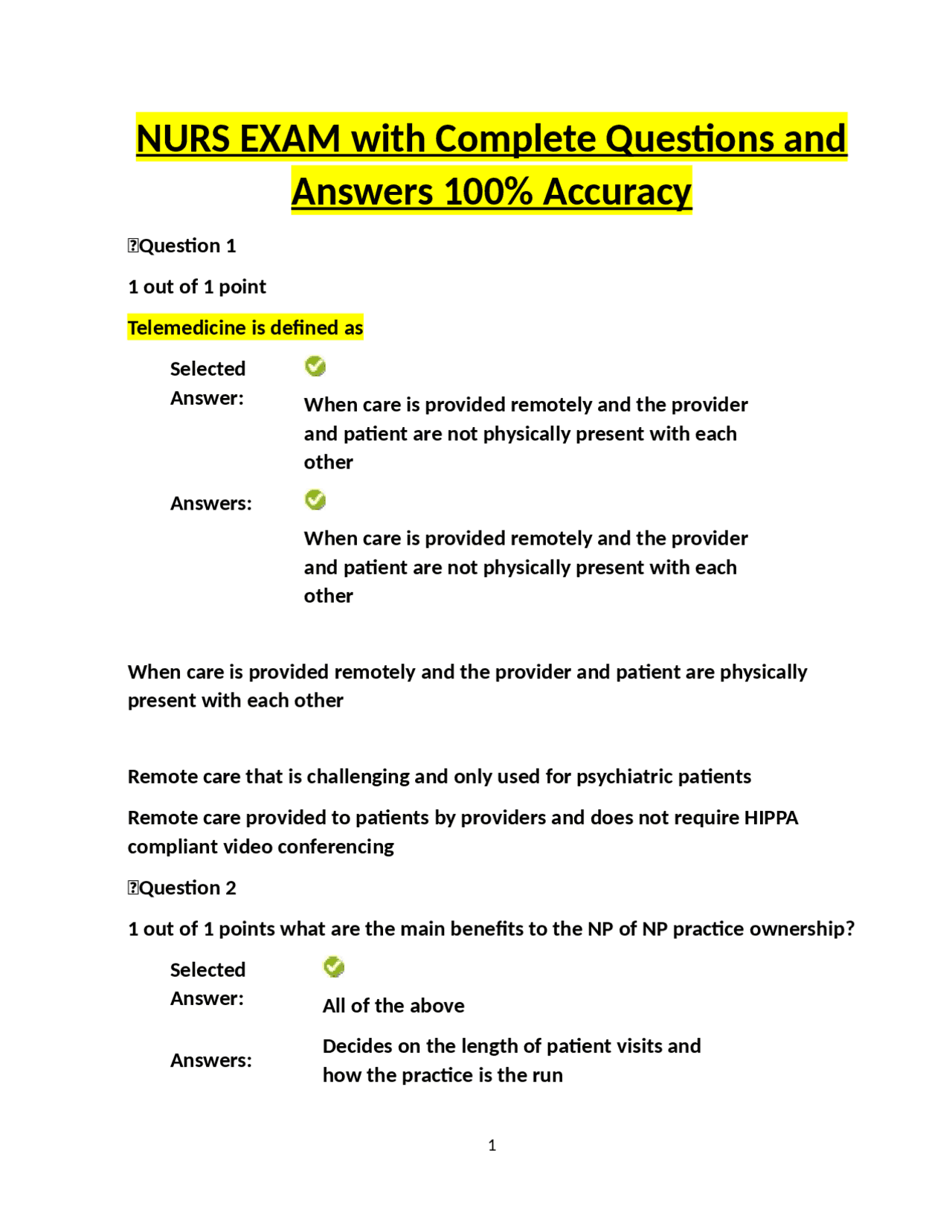 NURS EXAM with Complete Questions and Answers 100% Accuracy | Exams ...