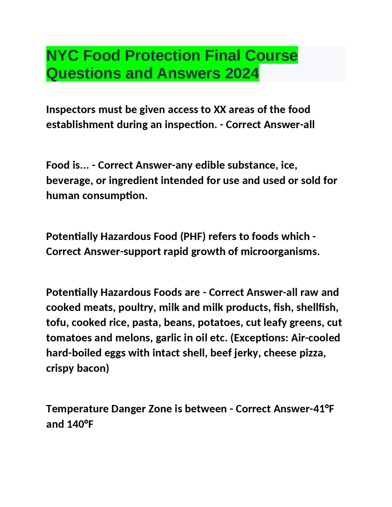 NYC Food Protection Final Course Questions and Answers 2024 | Exams Advanced Education | Docsity