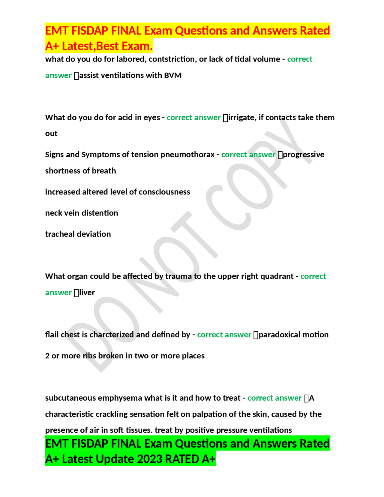 EMT FISDAP FINAL Exam Questions and Answers Rated A+ Latest,Best Exam ...