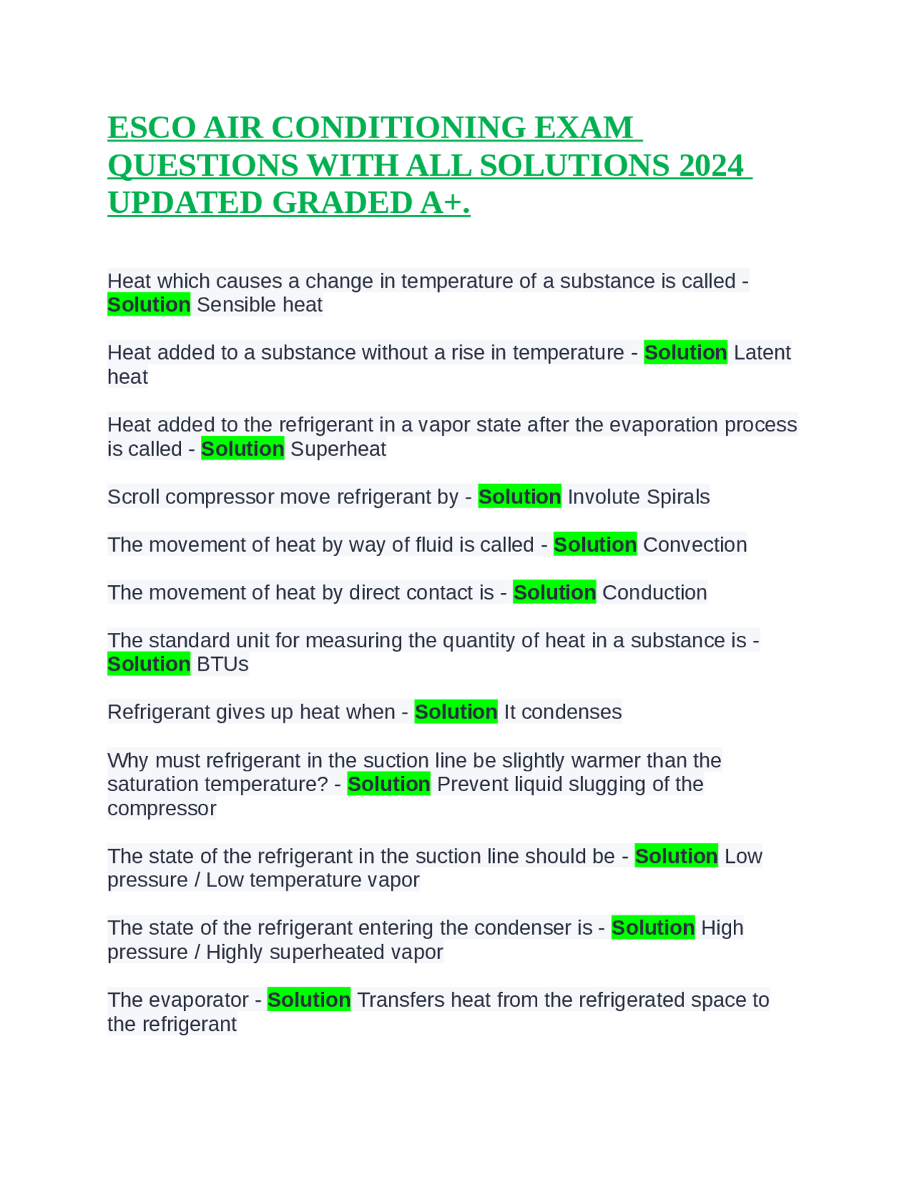 ESCO AIR CONDITIONING EXAM QUESTIONS WITH ALL SOLUTIONS 2024 UPDATED