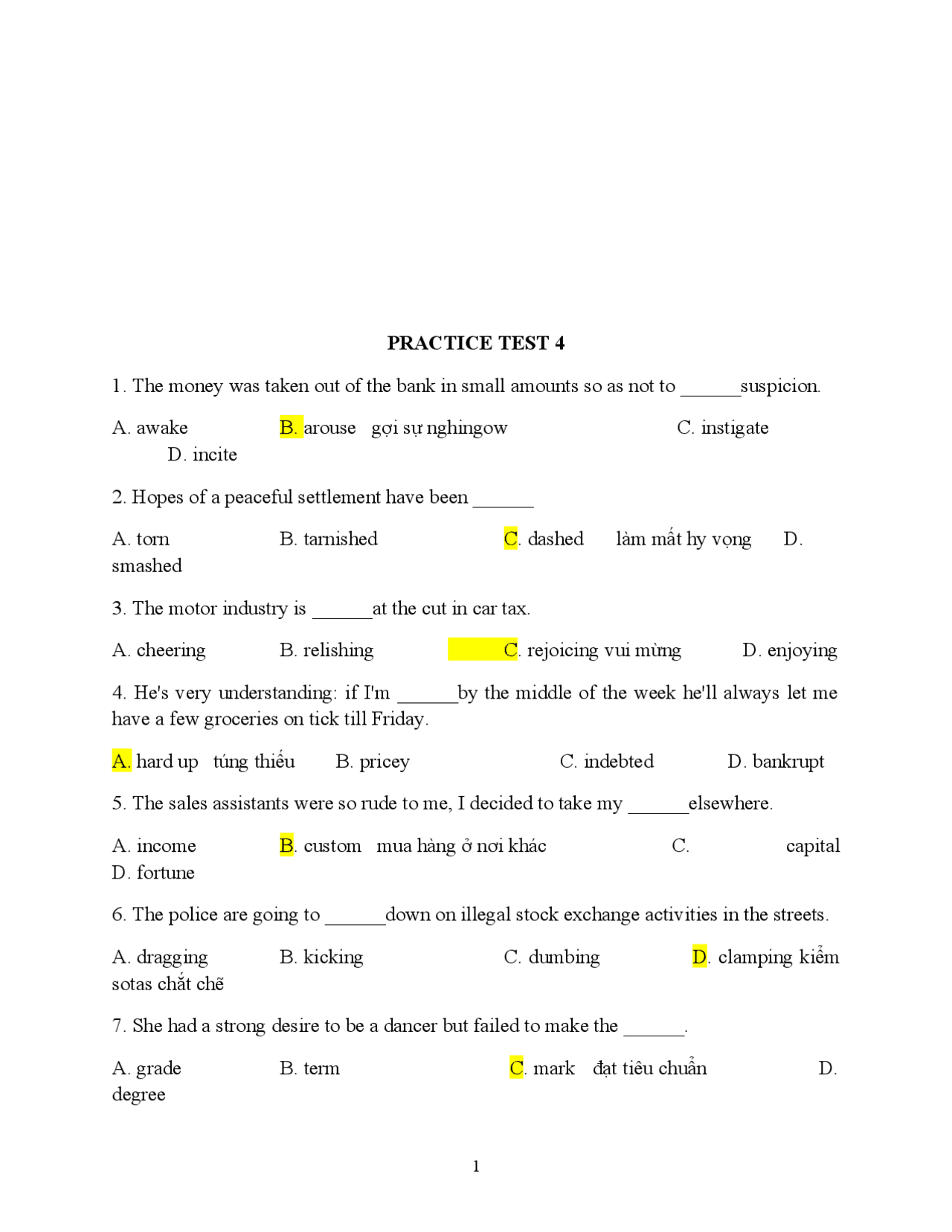 Vocabulary Practice Test | Exercises English | Docsity