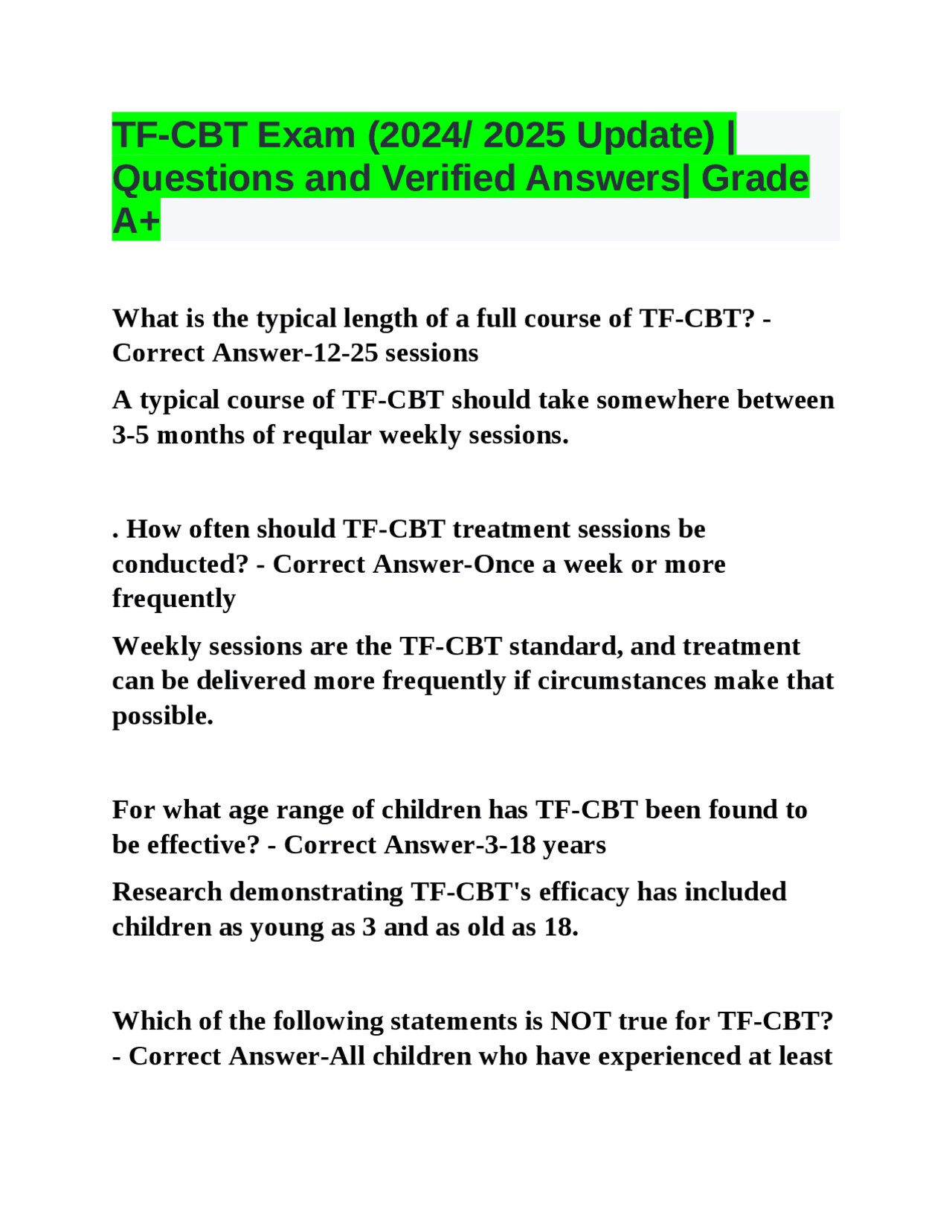 健康・医学 CBT answer TF-CBT Exam (2024/ 2025 Update) | Questions and Verified