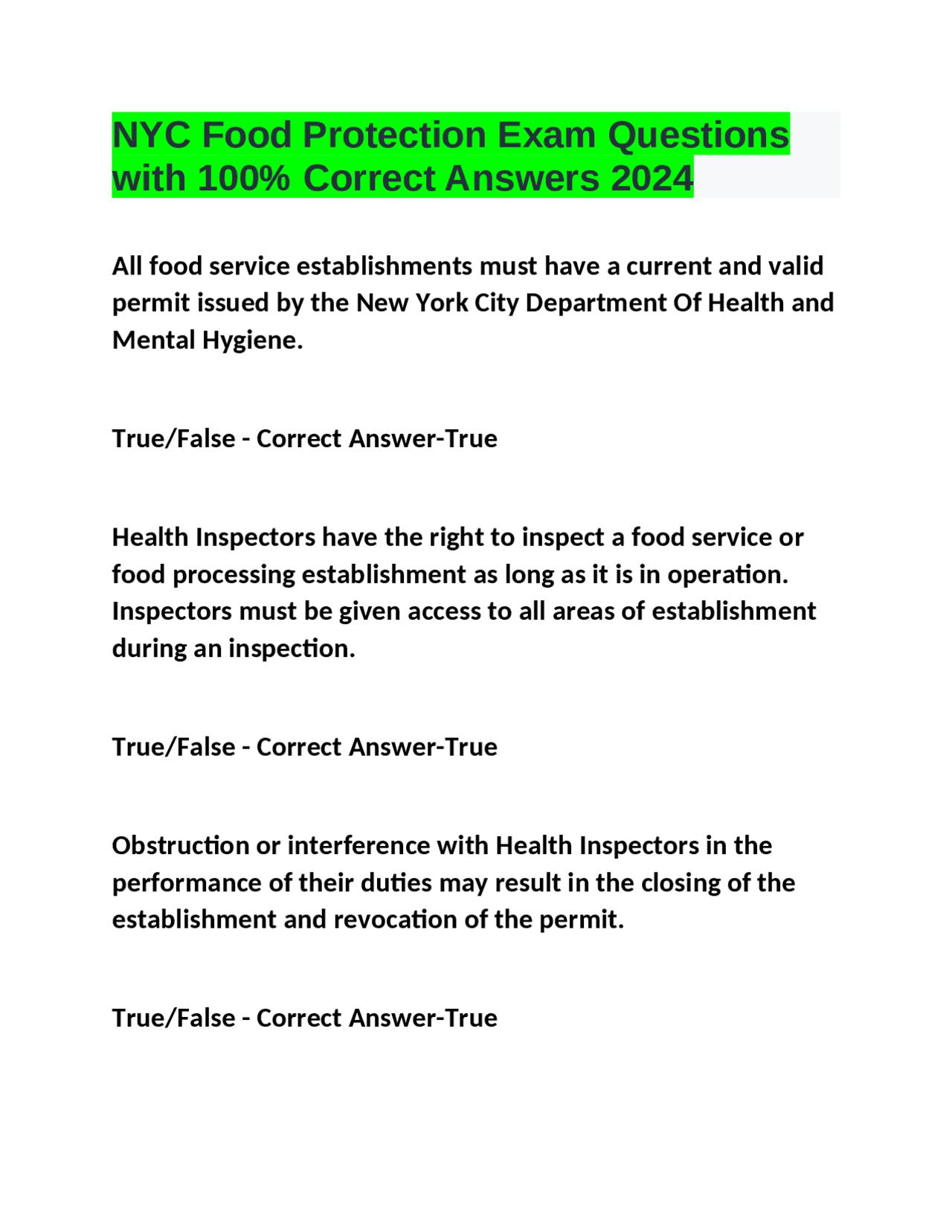 NYC Food Protection Exam Questions with 100 Correct Answers 2024