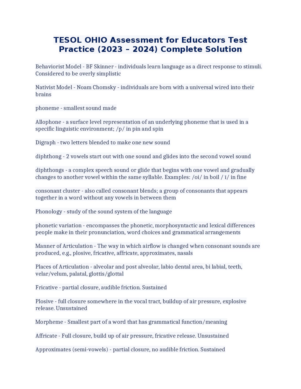 TESOL OHIO Assessment for Educators Test Practice (2023 – 2024) Complete Solution | Exams ...