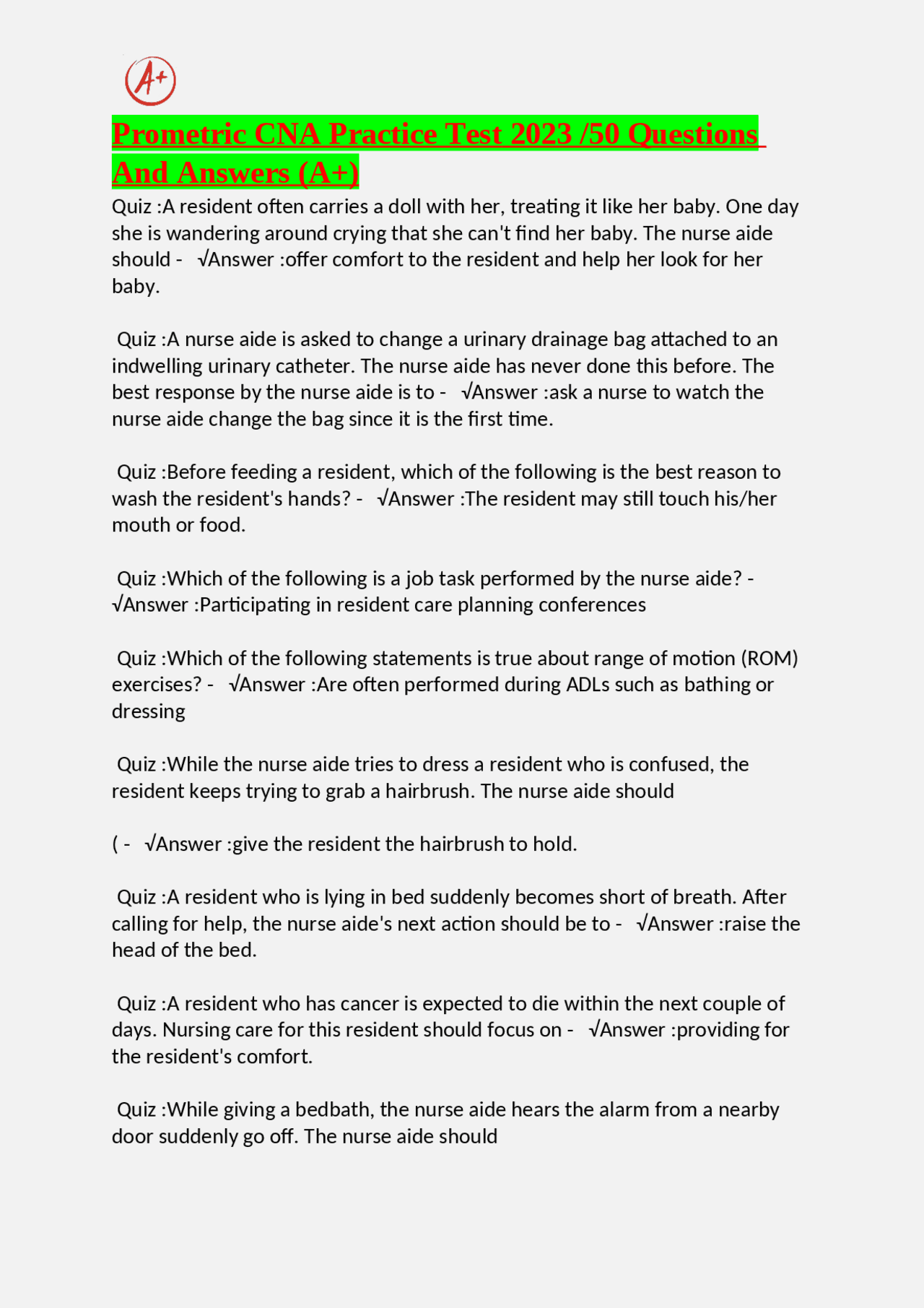 Prometric Cna Practice Test 2023 50 Questions And Answers A Exams Nursing Docsity Prometric Cna Practice Test 2023 50 Questions And Answers A Exams Nursing Docsity