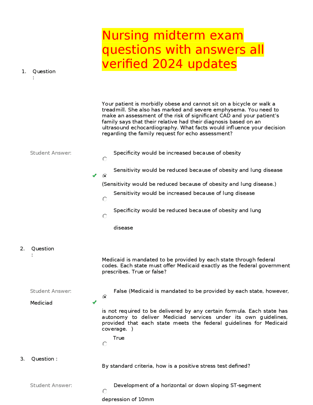 Nursing midterm exam questions with answers all verified 2024 updates ...
