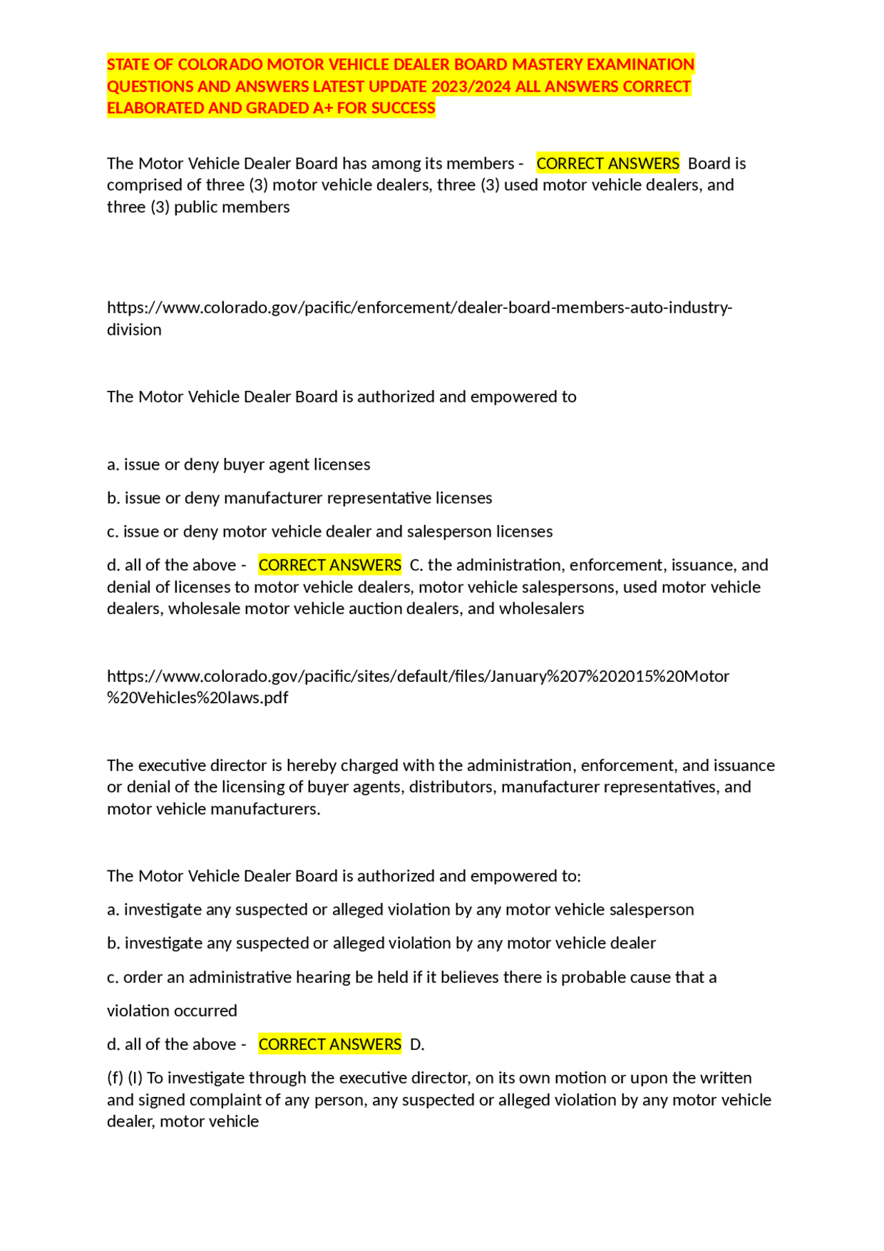 STATE OF COLORADO MOTOR VEHICLE DEALER BOARD MASTERY EXAMINATION