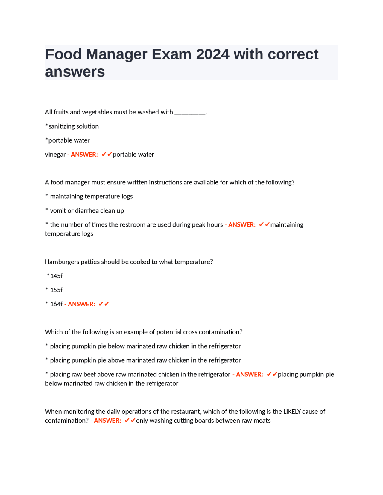 Food Manager Exam 2024 with correct answers Exams Food science Docsity
