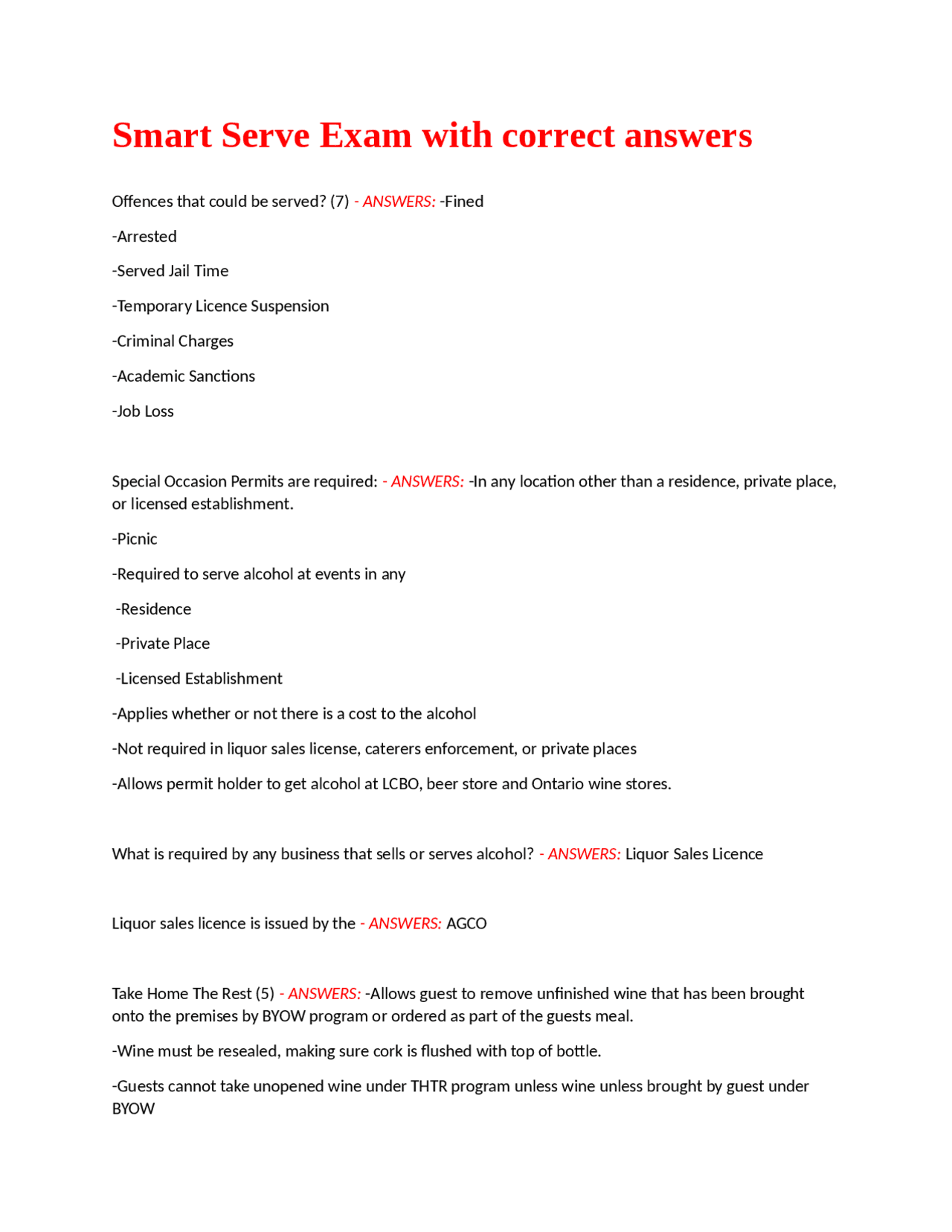 Smart Serve Exam with correct answer Exams Nursing Docsity