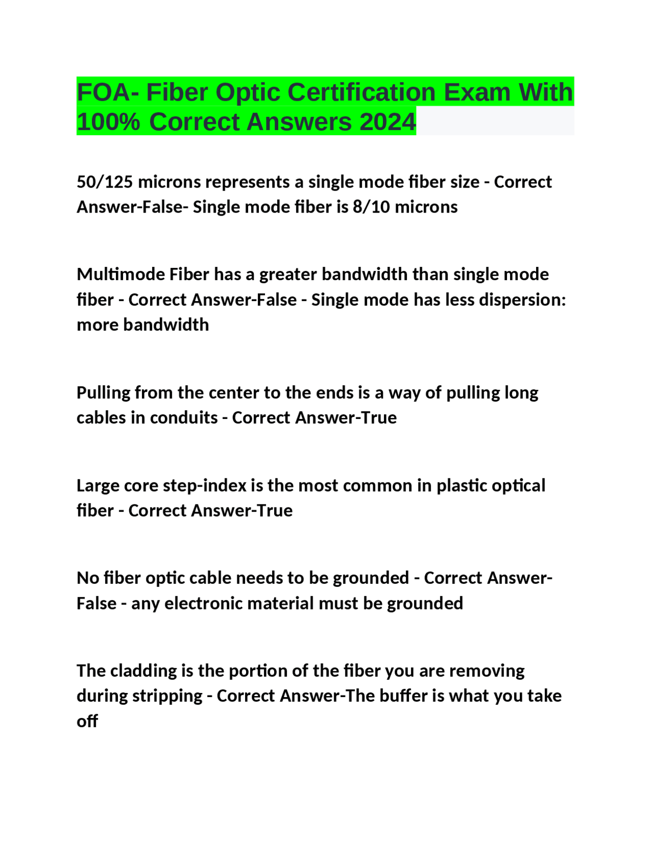 FOA Fiber Optic Certification Exam With 100 Correct Answers 2024