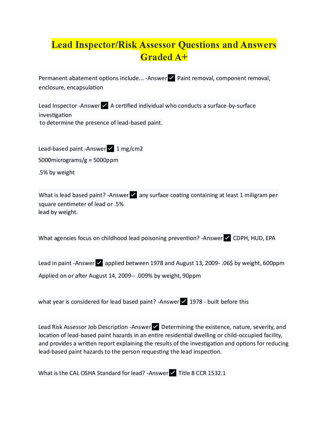Lead Inspector/Risk Assessor Questions and Answers Graded A+ | Exams ...