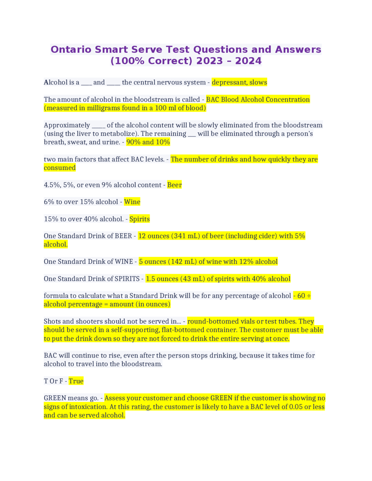 Ontario Smart Serve Test Questions and Answers (100 Correct) 2023