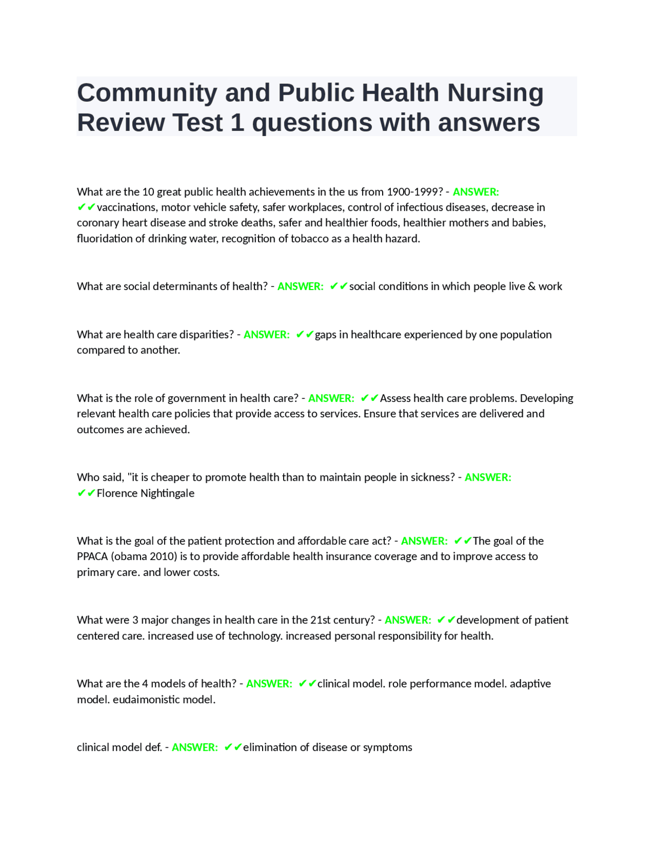 Community and Public Health Nursing Review Test 1 questions with ...