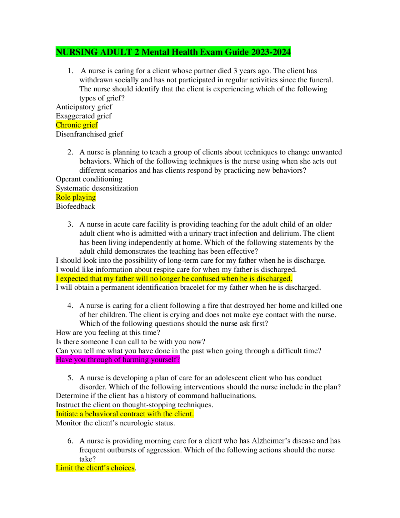 NURSING ADULT 2 Mental Health Exam Guide 2023-2024 | Study notes ...