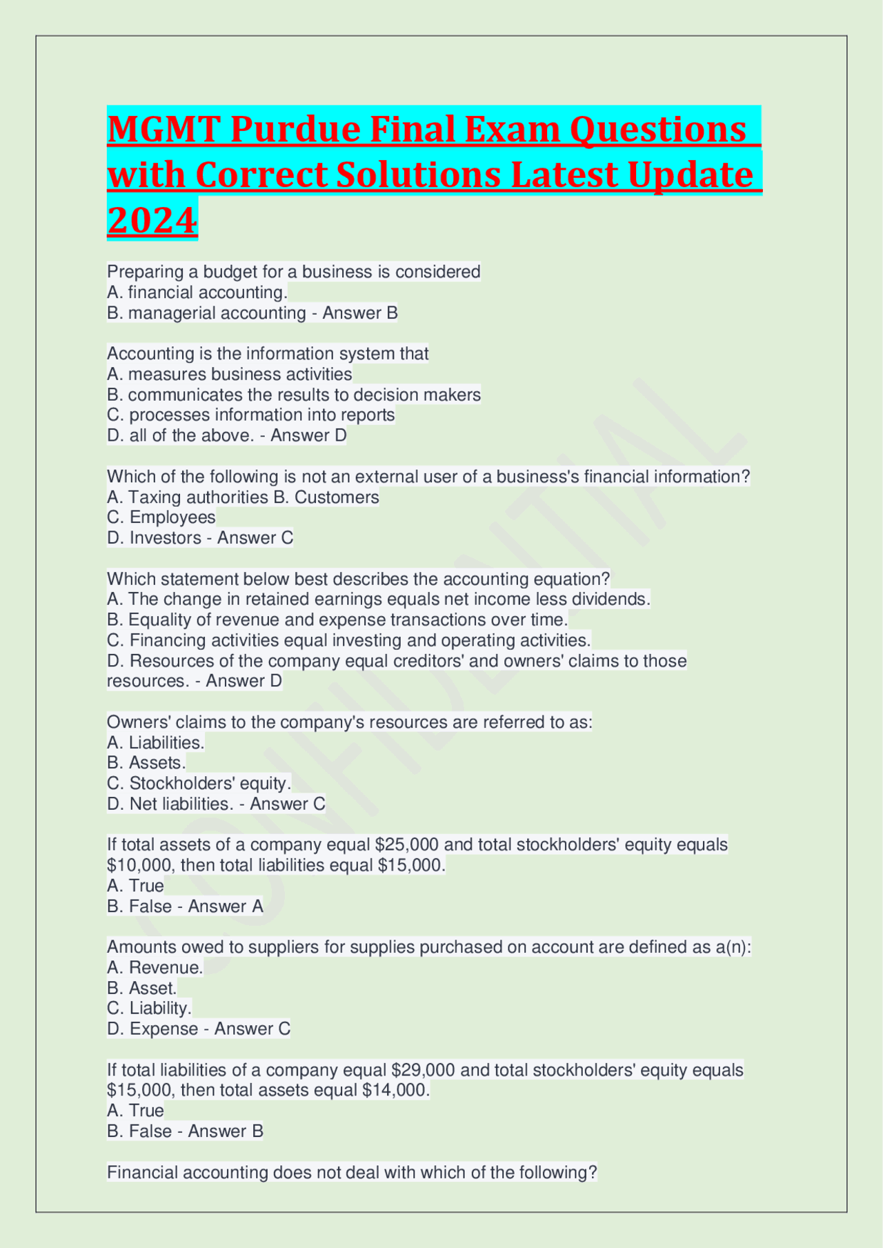 MGMT Purdue Final Exam Questions with Correct Solutions Latest Update ...