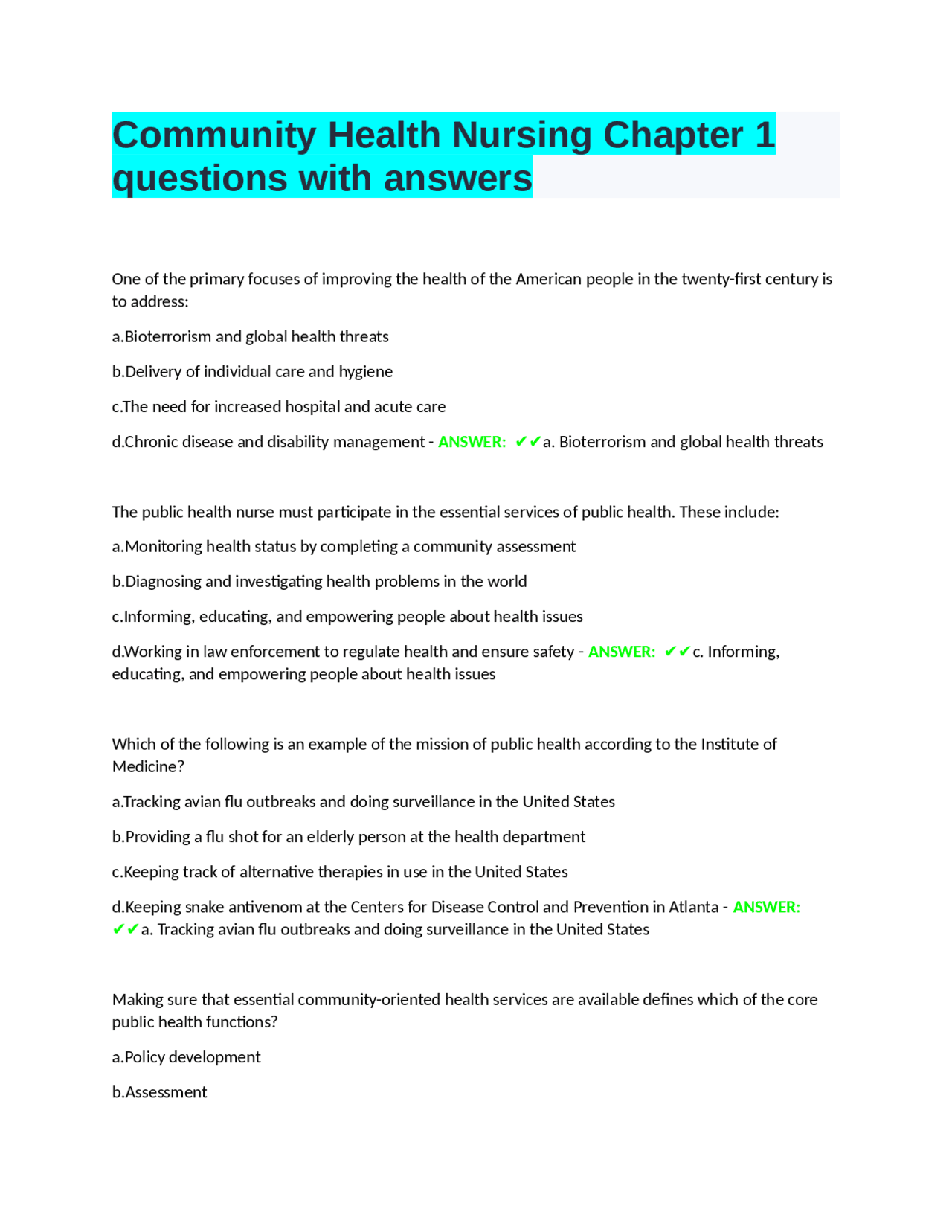 Community Health Nursing Chapter 1 questions with answers. | Exams ...