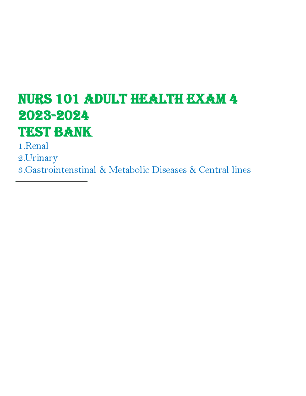 NURS 101 Adult Health Exam 4 2023-2024 TEST BANK | Study notes Nursing ...