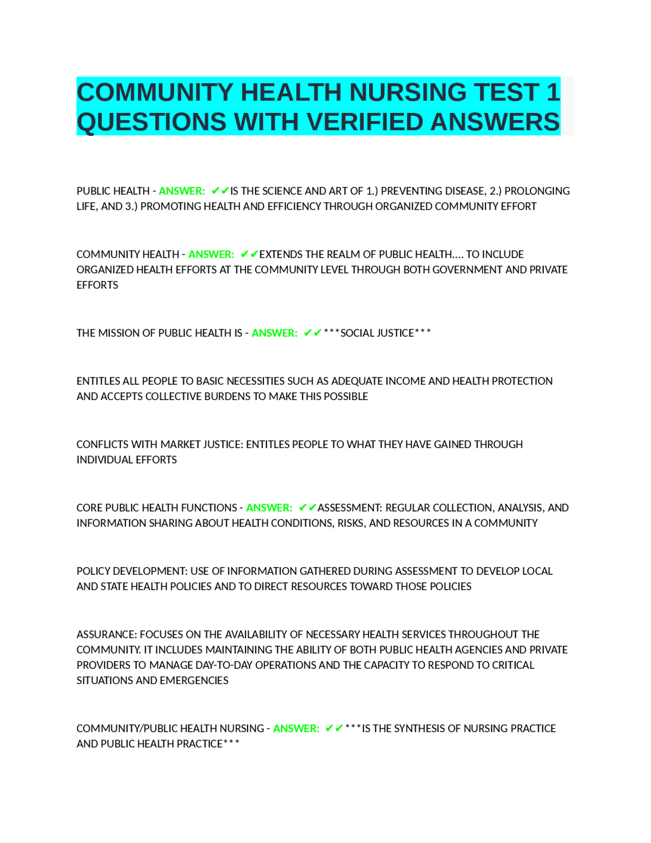COMMUNITY HEALTH NURSING TEST 1 QUESTIONS WITH VERIFIED ANSWERS ...