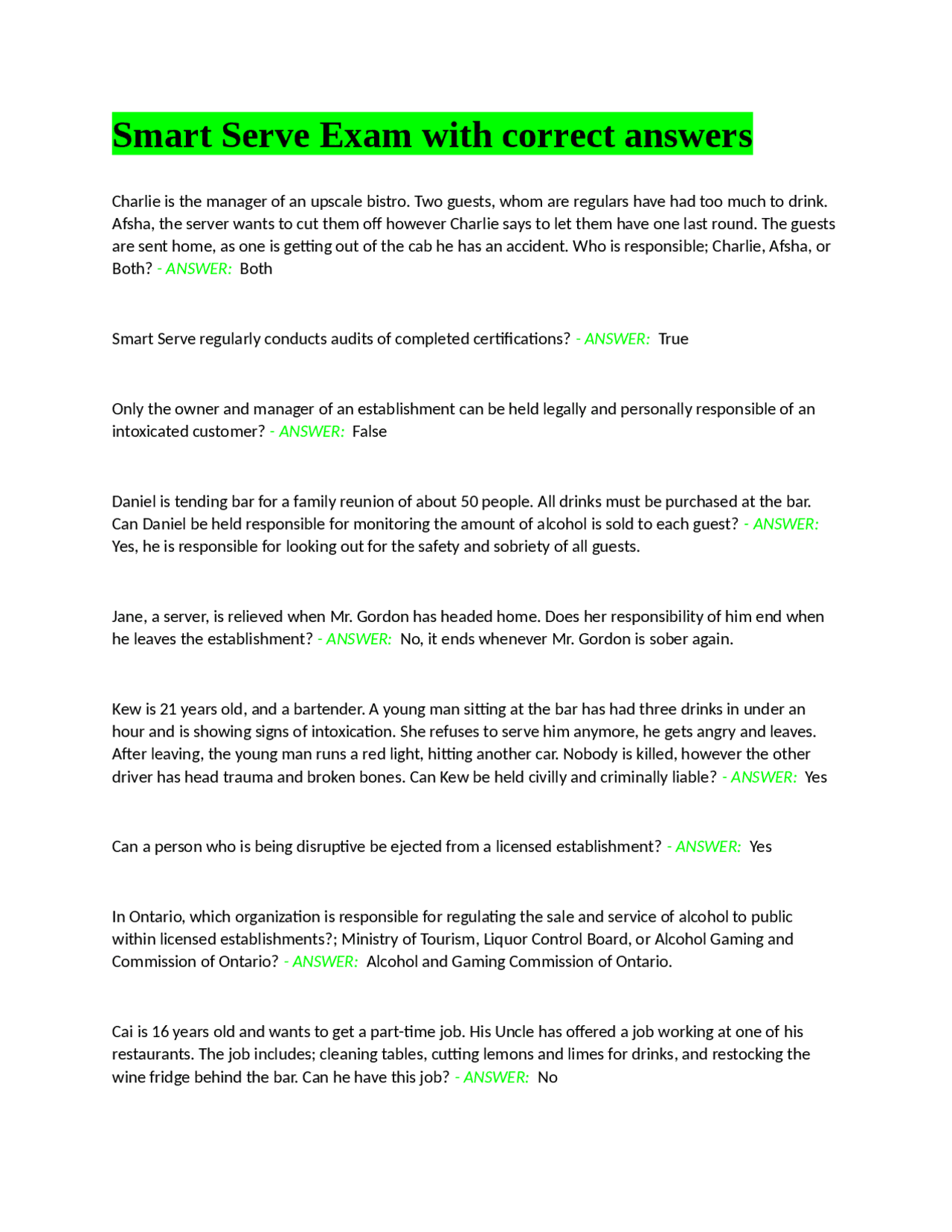 Smart Serve Exam with correct answers Exams Nutrition Docsity