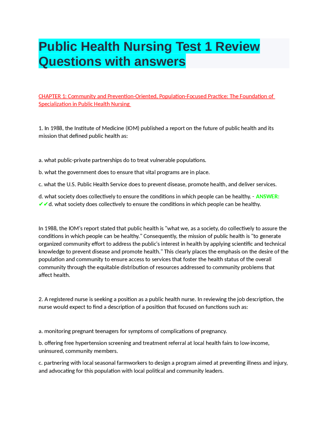 Public Health Nursing Test 1 Review Questions with answers | Exams ...