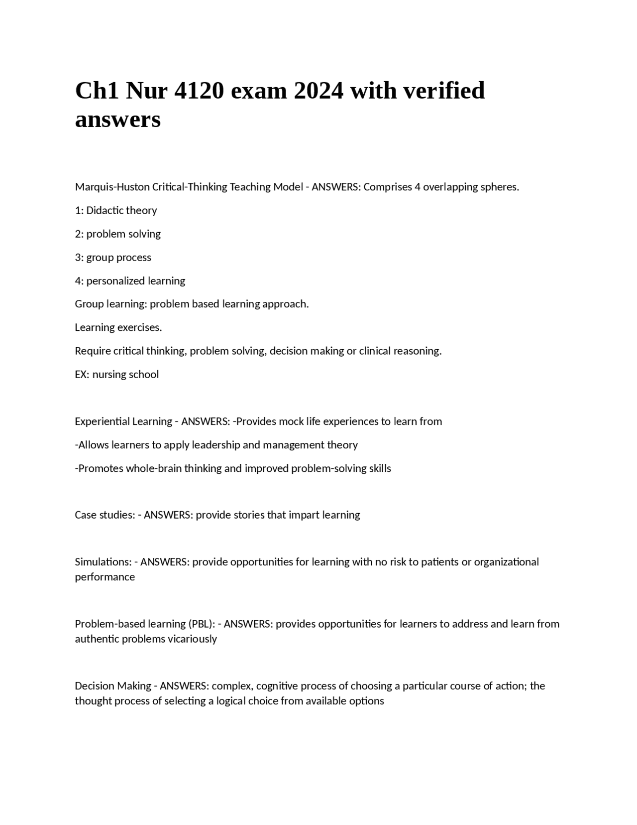 Ch1 Nur 4120 exam 2024 with verified answers | Exams Nursing | Docsity