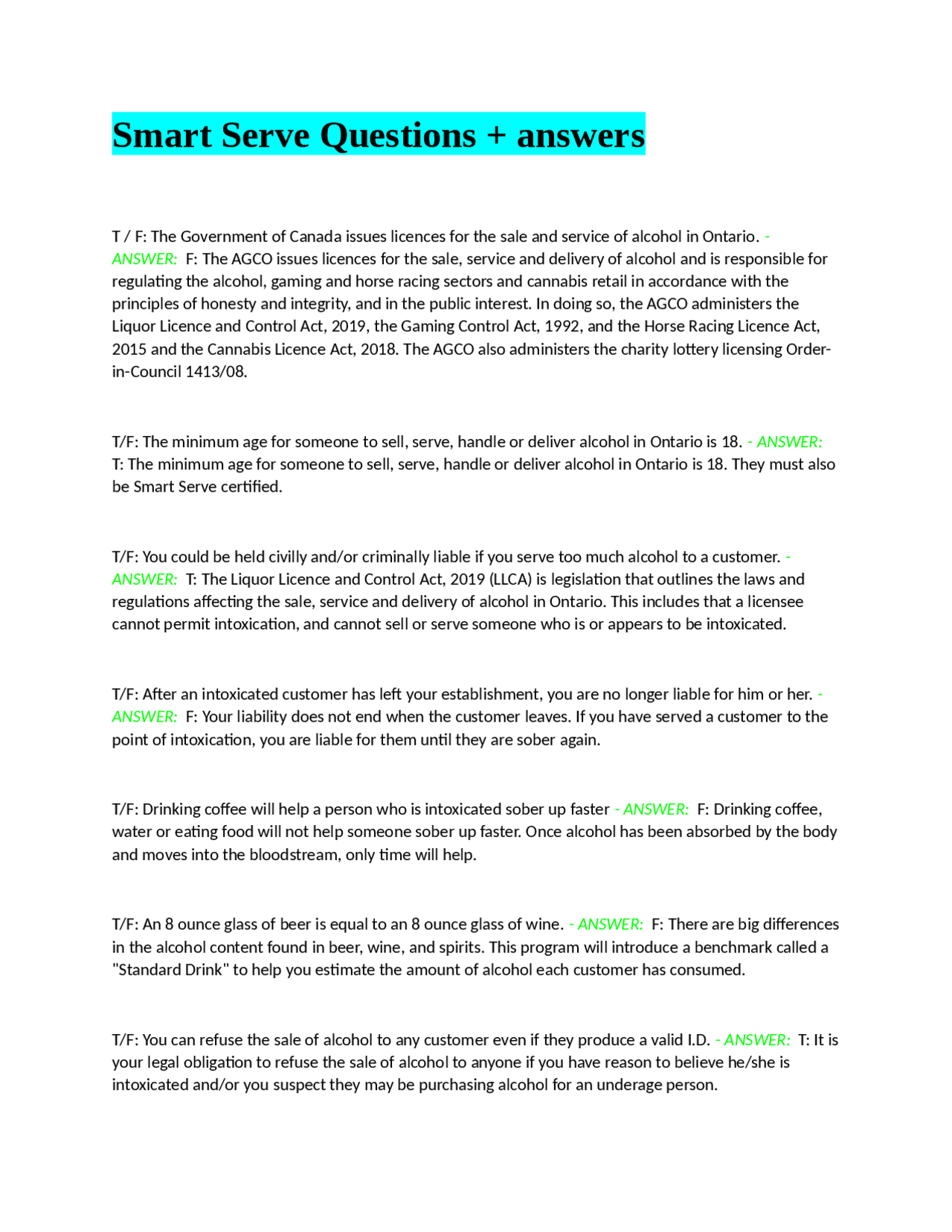 Smart Serve Questions + answers Exams Nutrition Docsity