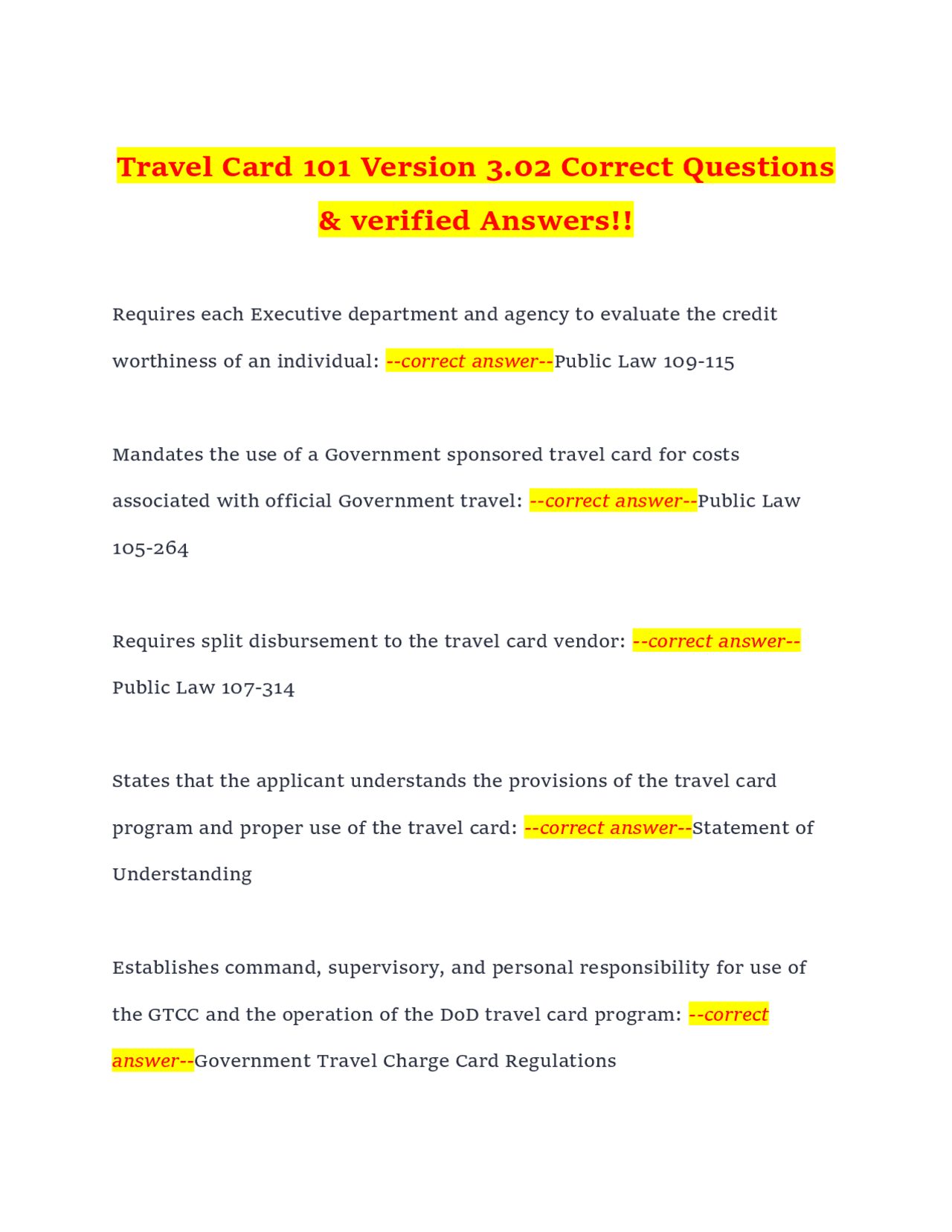 Travel Card 101 Version 3.02 Correct Questions & verified Answers