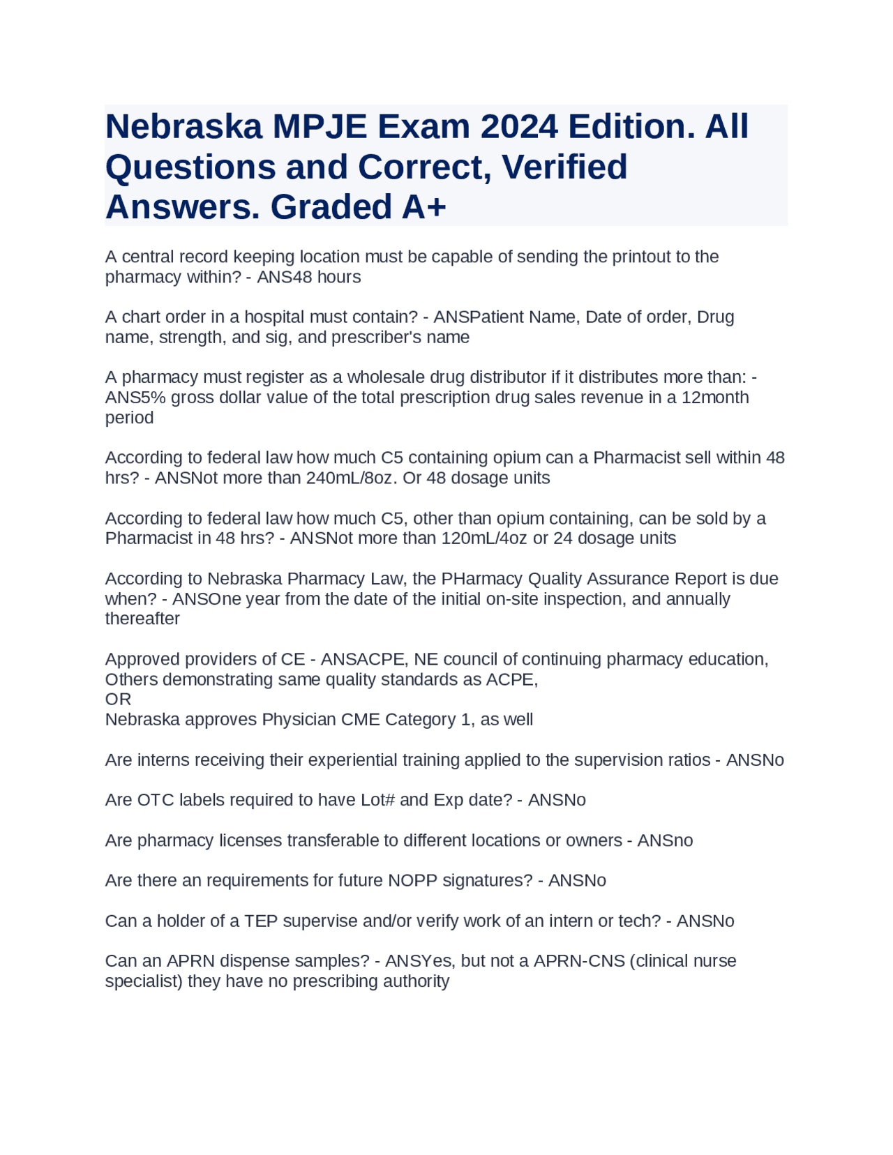 Nebraska MPJE Exam 2024 Edition. All Questions and Correct, Verified Answers. Graded A+ | Exams ...