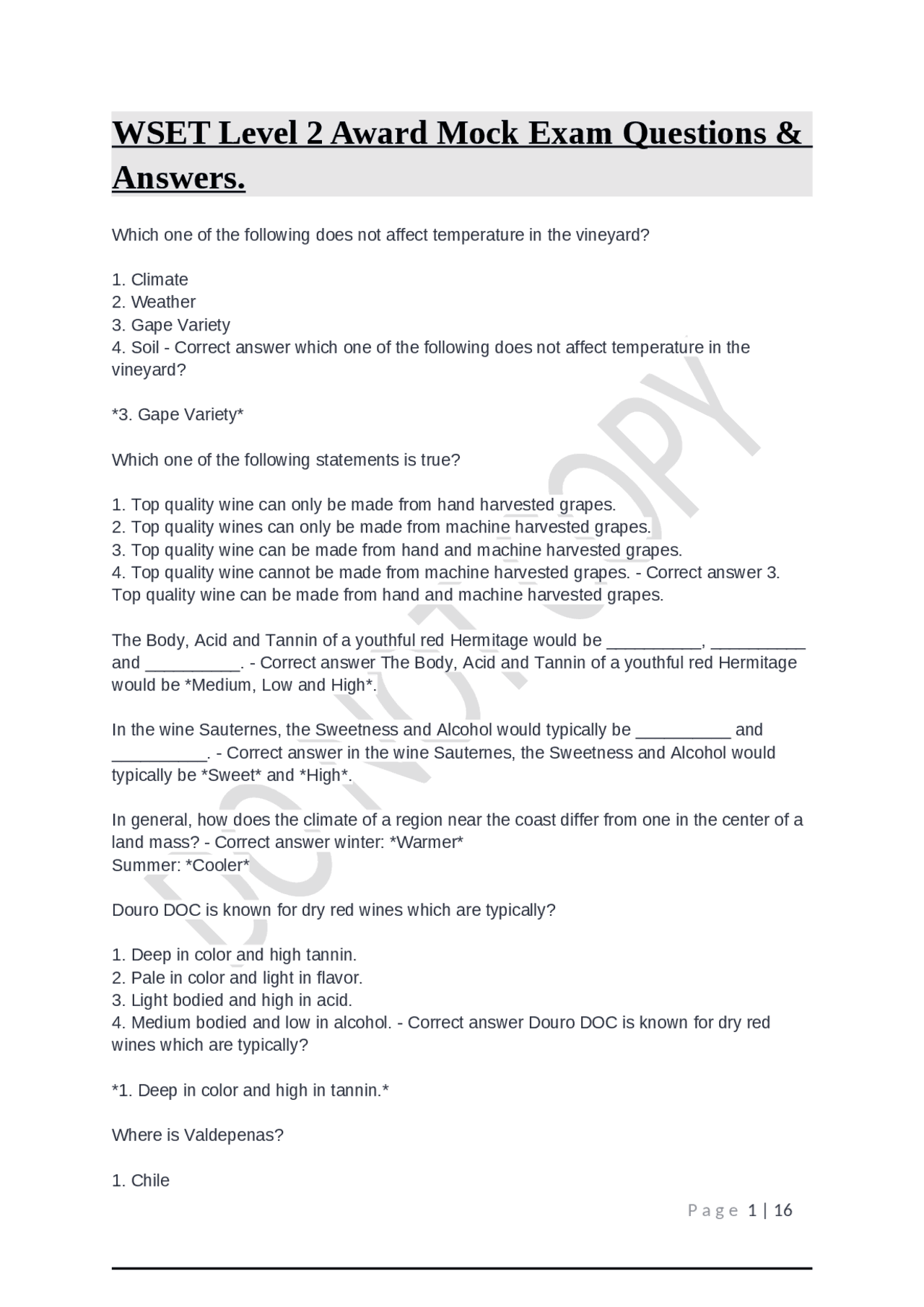 WSET Level 2 Award Mock Exam Questions & Answers. | Exams Mock Trial ...