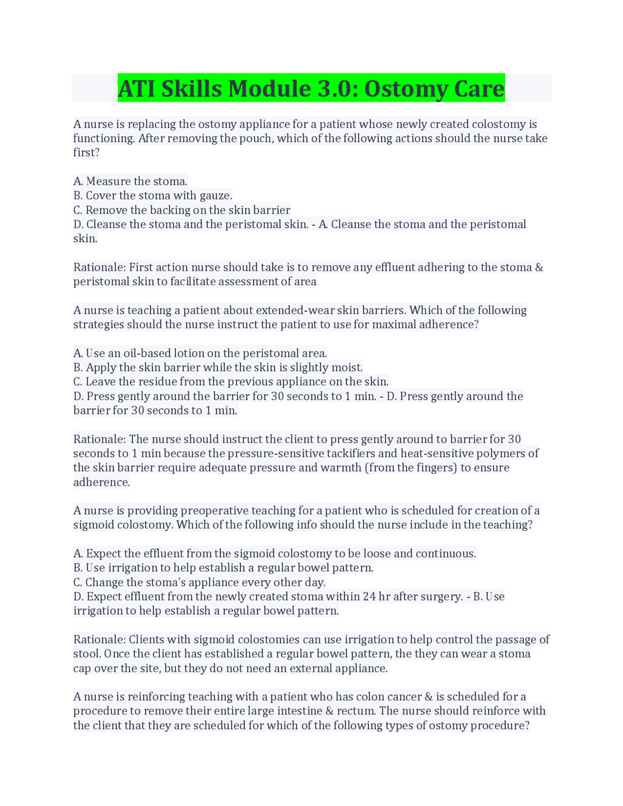 Ati skills module 3 0 ostomy care exams health sciences docsity