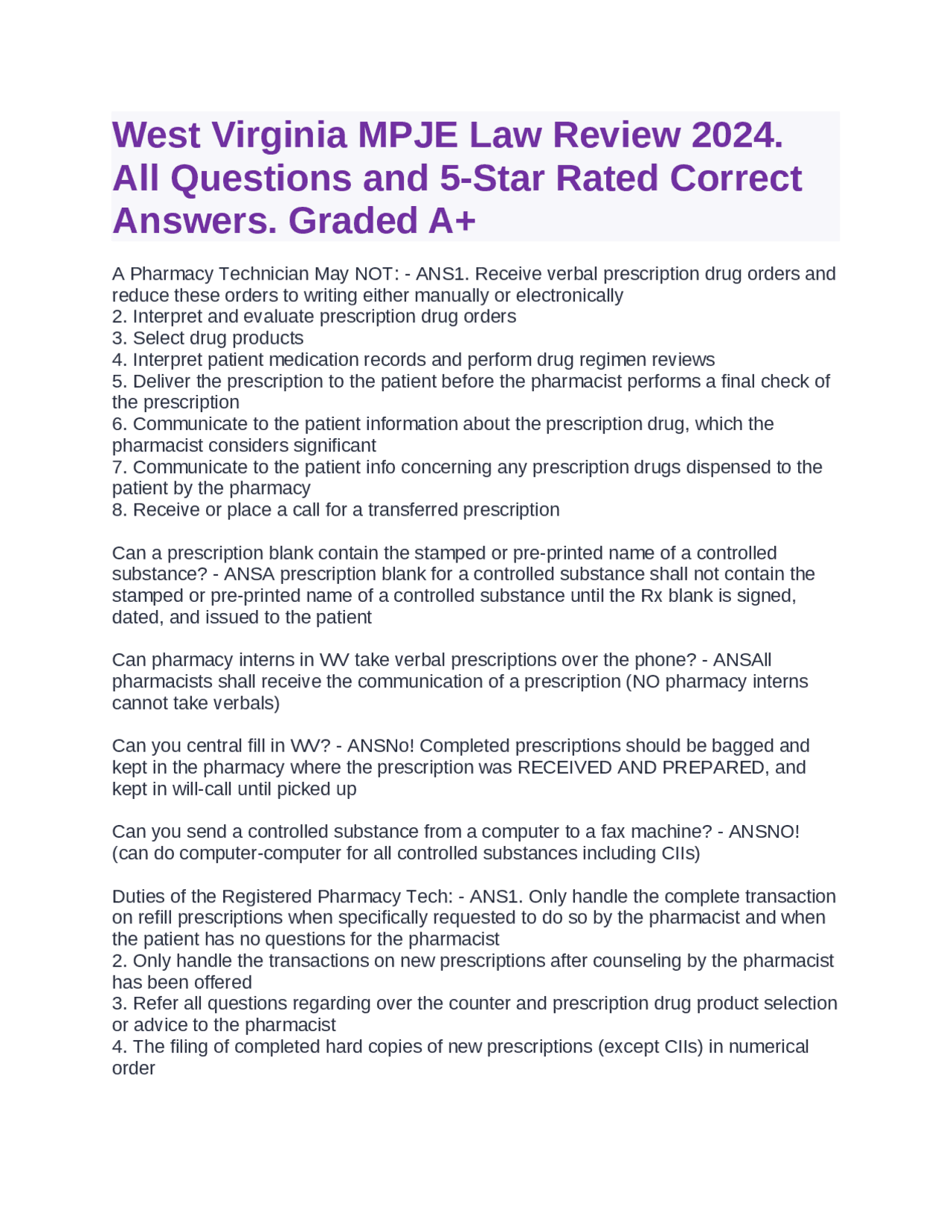West Virginia MPJE Law Review 2024. All Questions &amp; 5-Star Rated ...
