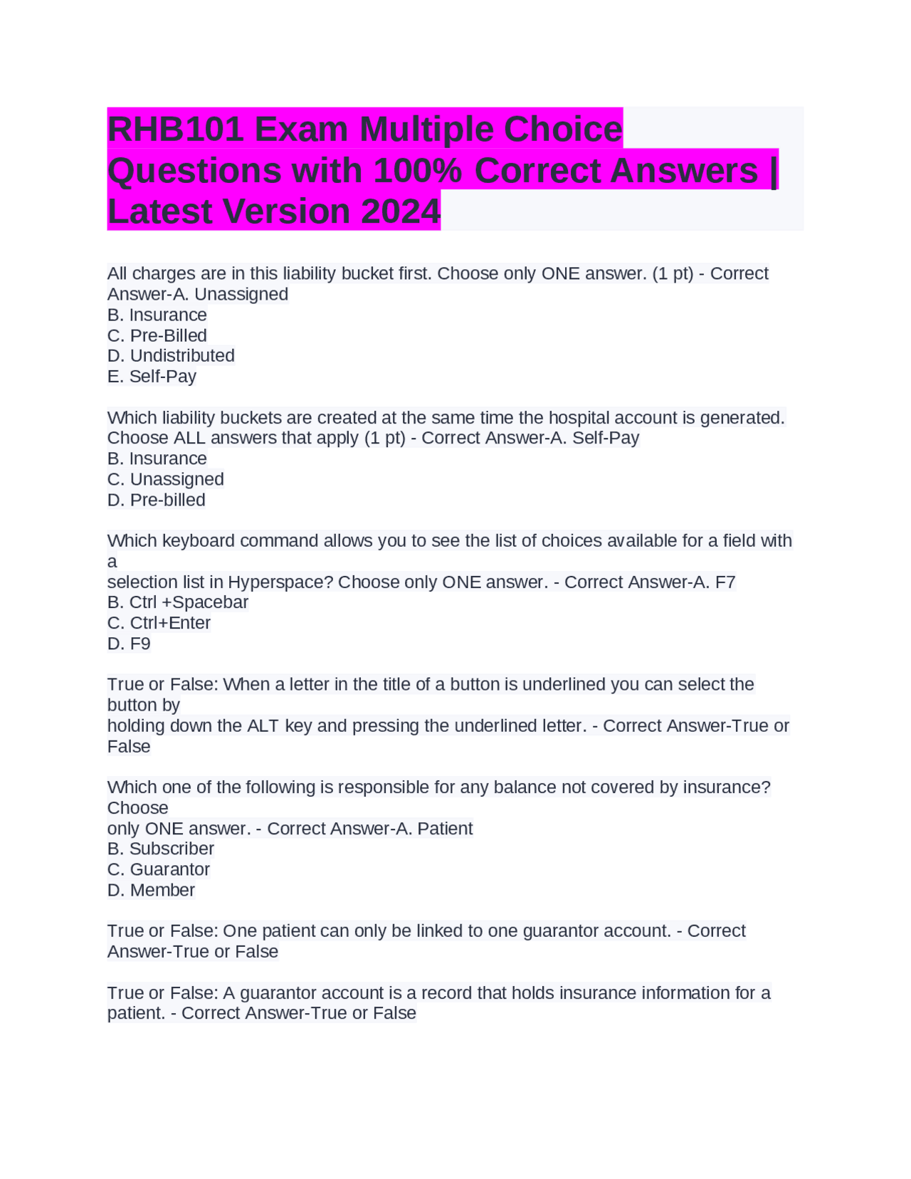RHB101 Exam Multiple Choice Questions with 100% Correct Answers ...