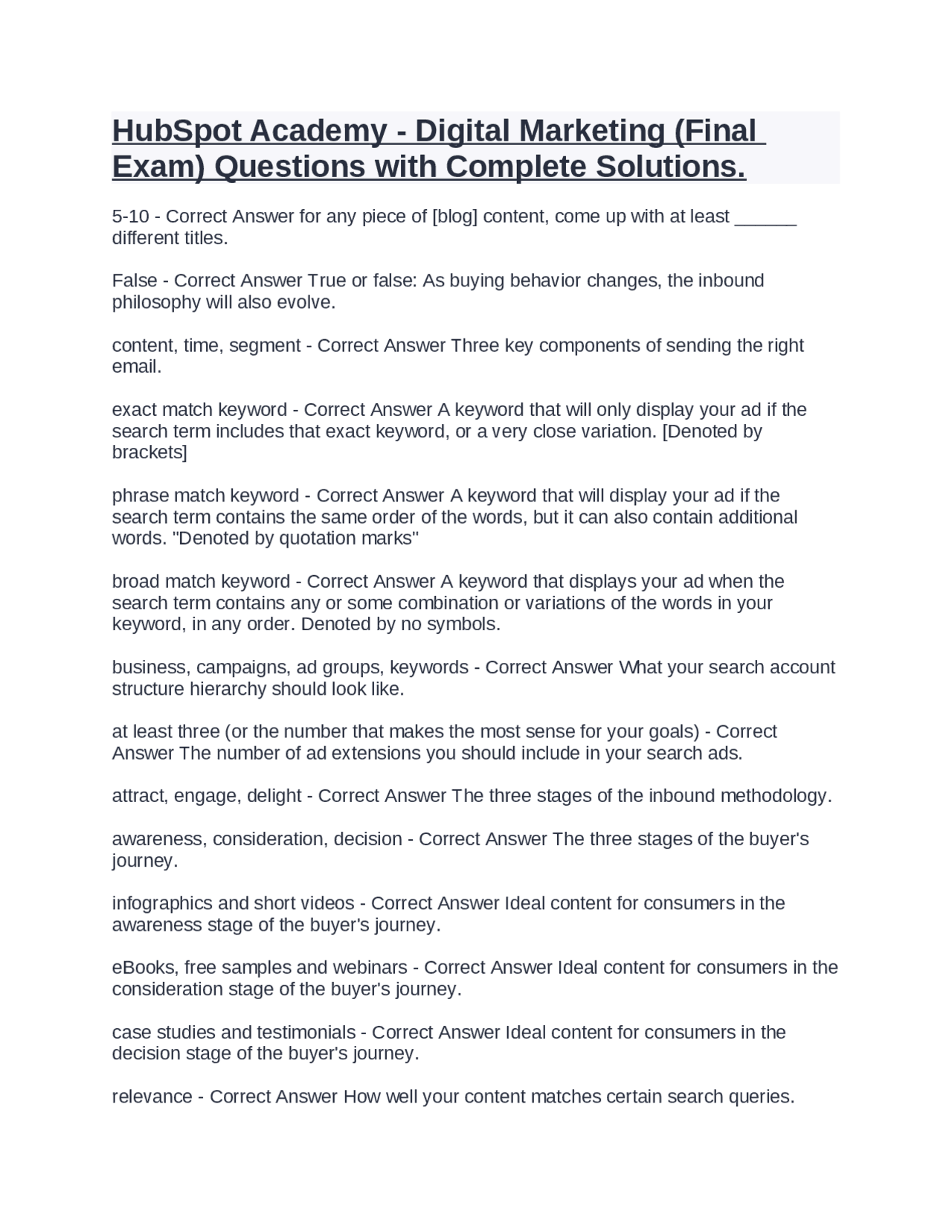 HubSpot Academy Digital Marketing (Final Exam) Questions with