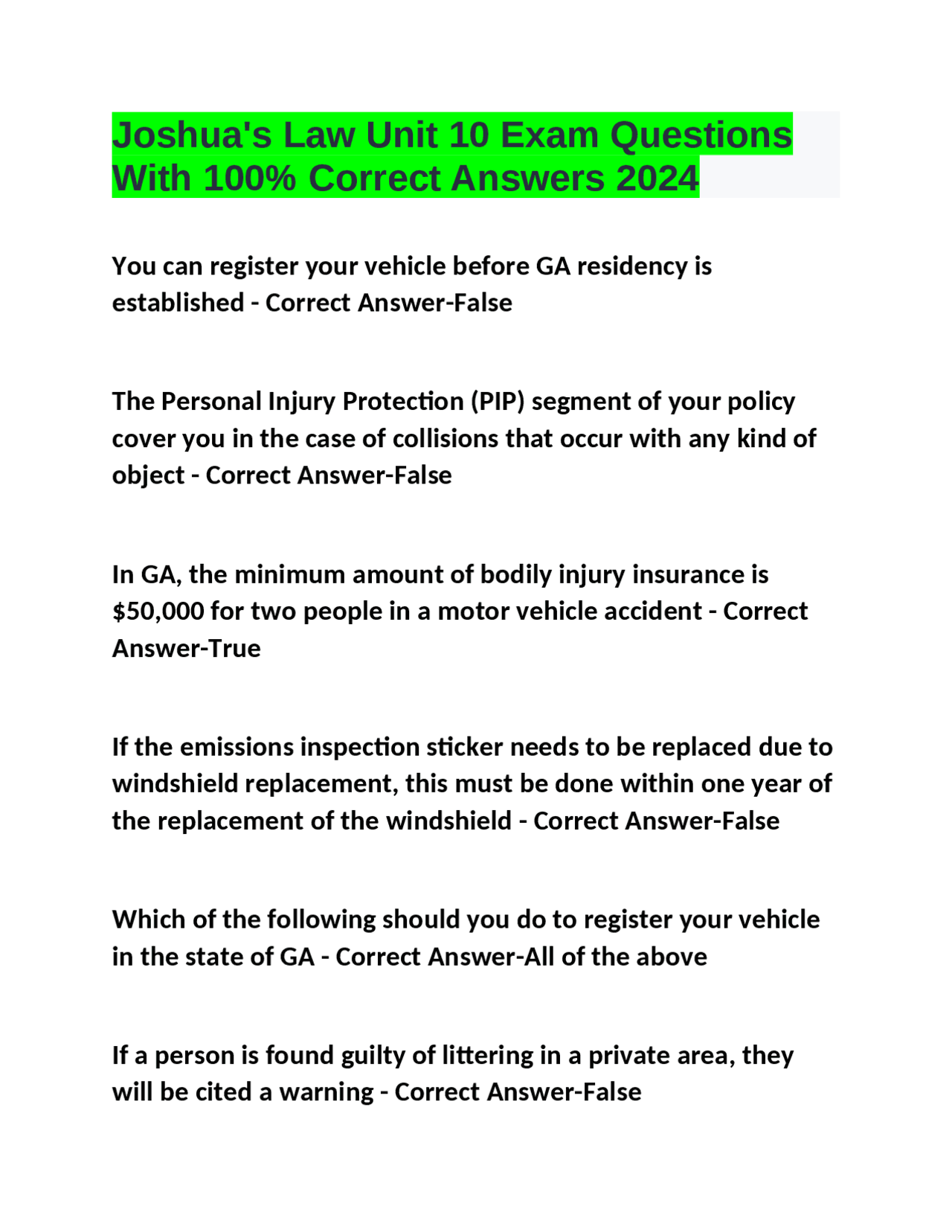 Joshua's Law Unit 10 Exam Questions With 100 Correct Answers 2024