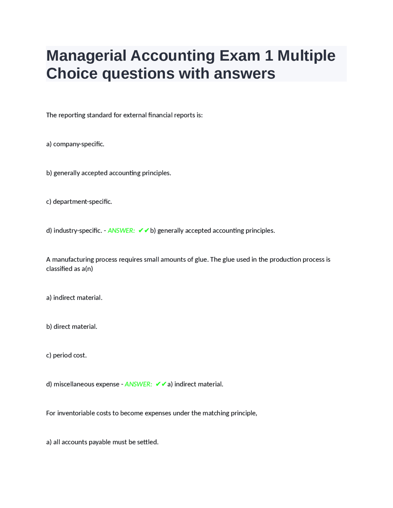 Managerial Accounting Exam 1 Multiple Choice questions with answers ...