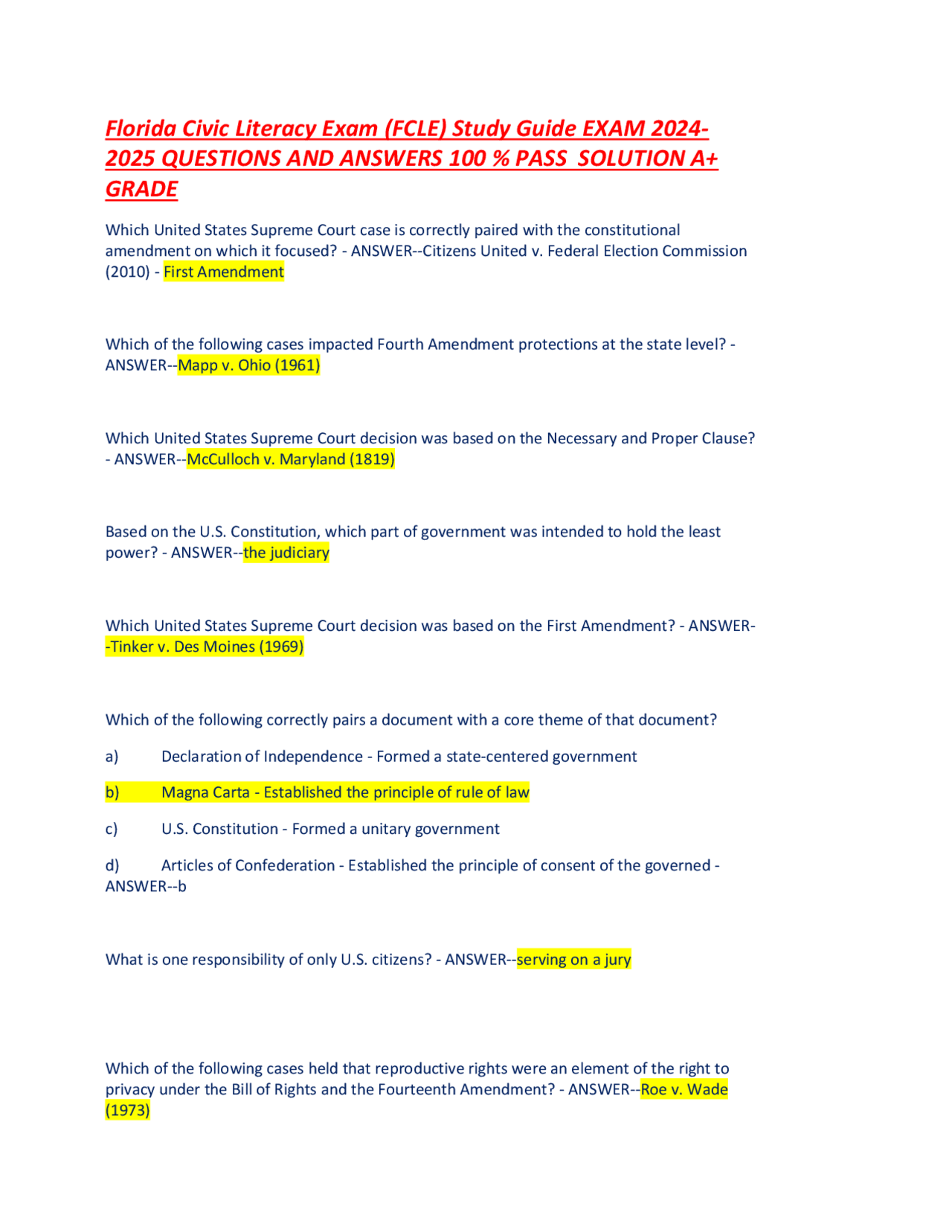 Florida Civic Literacy Exam 2024 UPDATE | Exams Public Health | Docsity