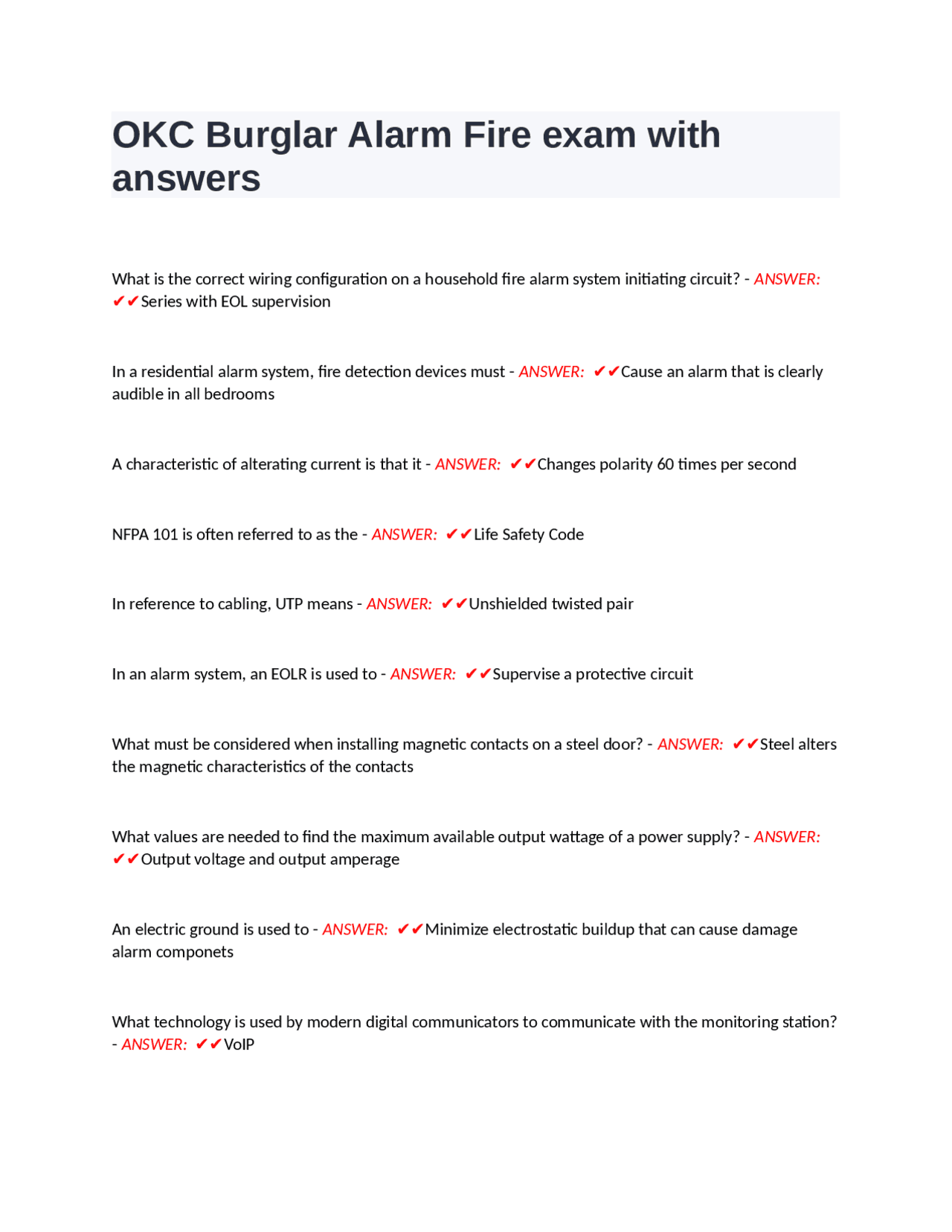 OKC Burglar Alarm Fire exam with answers | Exams Electrical and ...