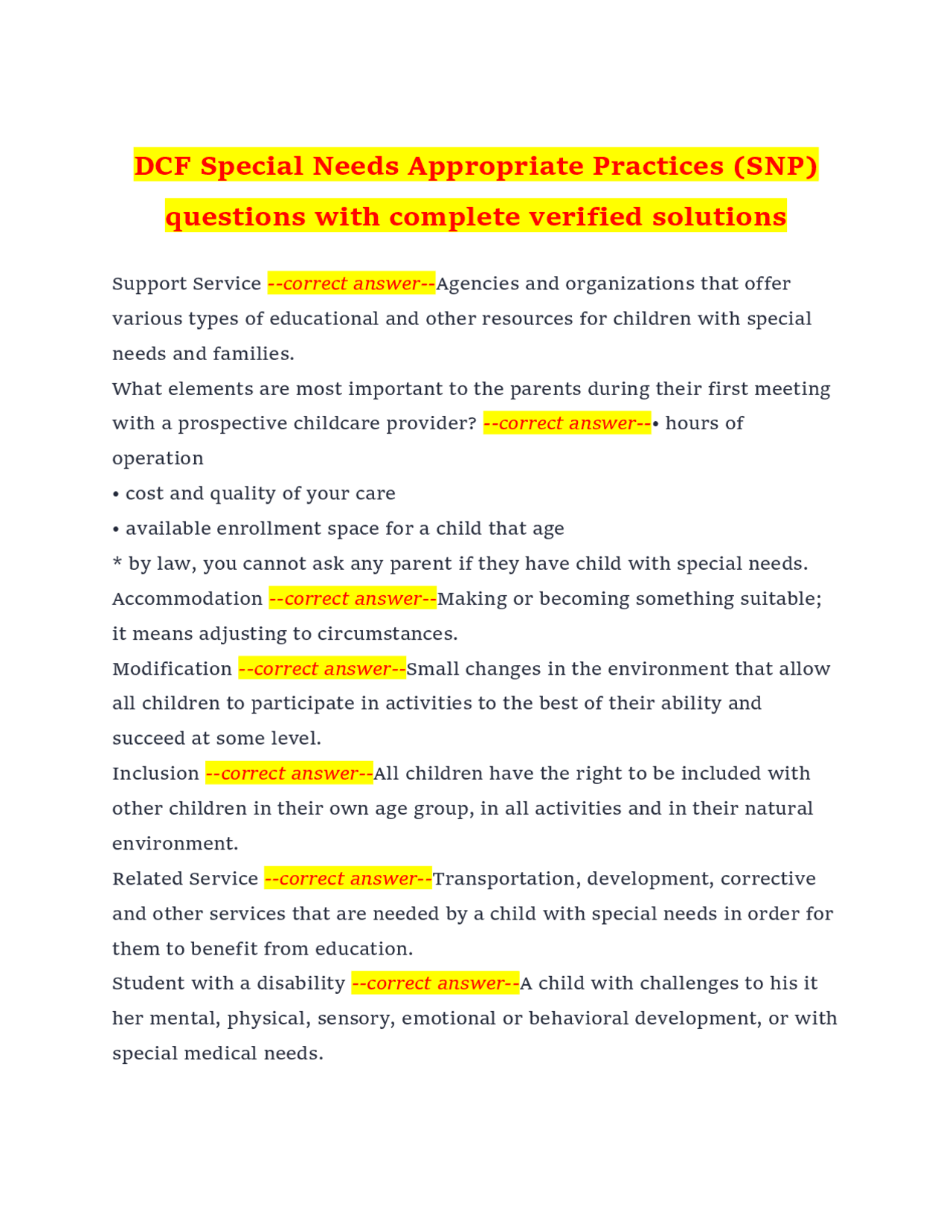 DCF Special Needs Appropriate Practices (SNP) questions with complete ...