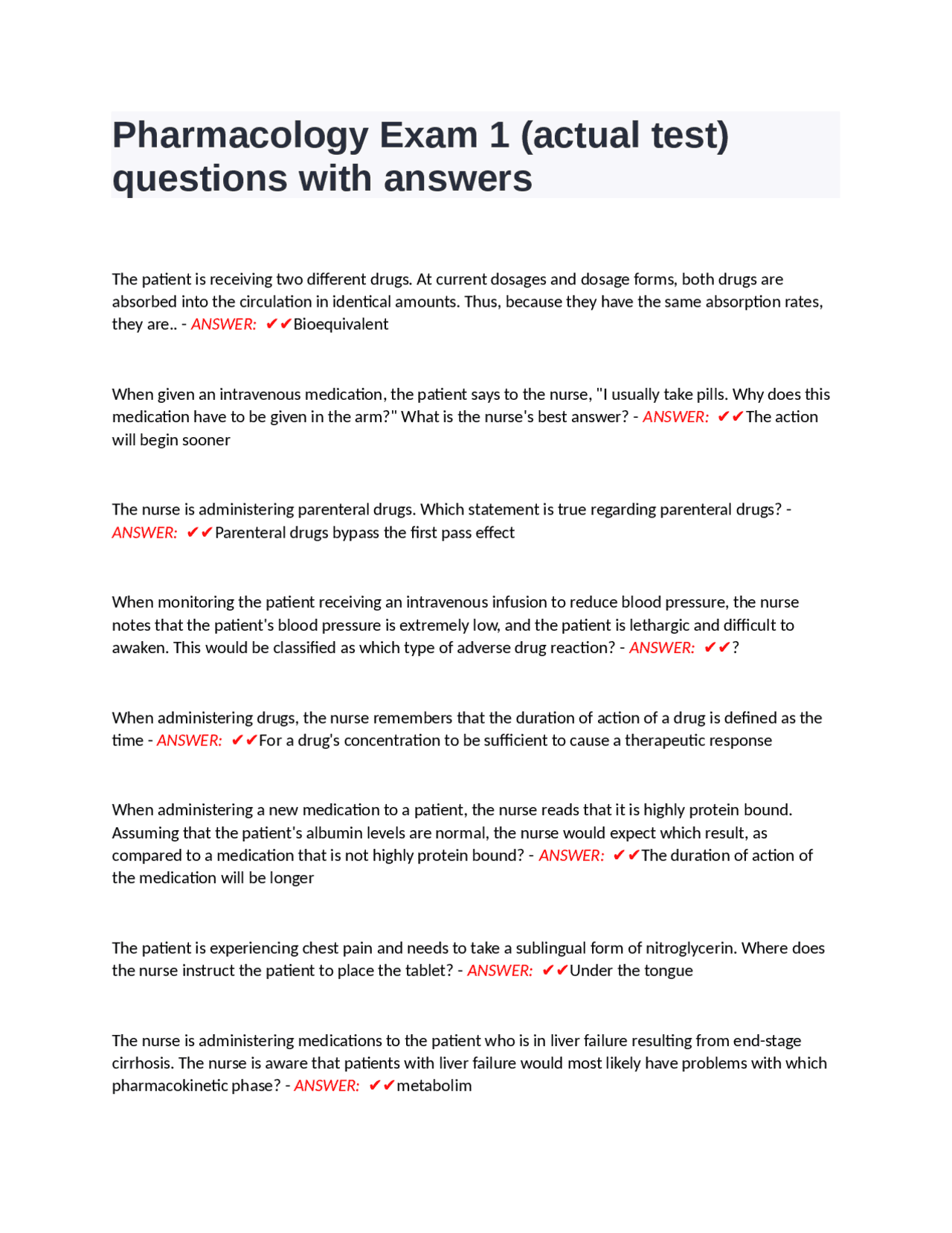 Pharmacology Exam 1 (actual test) questions with answers. | Exams ...