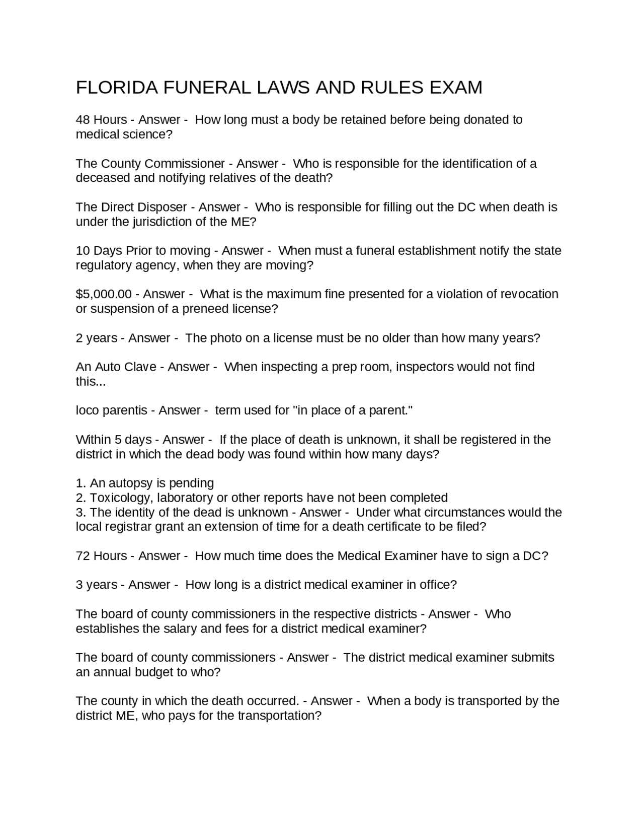 FLORIDA FUNERAL LAWS AND RULES EXAM Exams Nursing Docsity